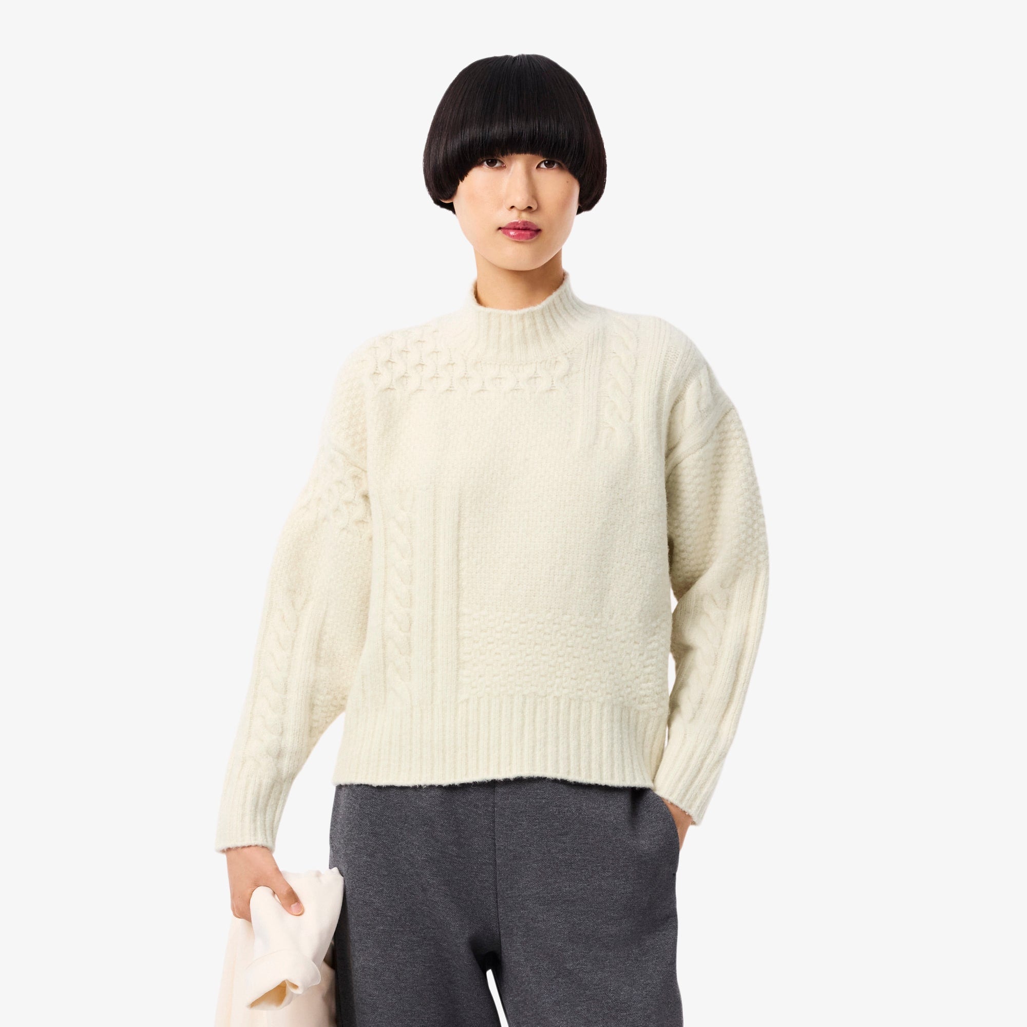 Women's Patchwork Effect High-Neck Wool Sweater - Cream