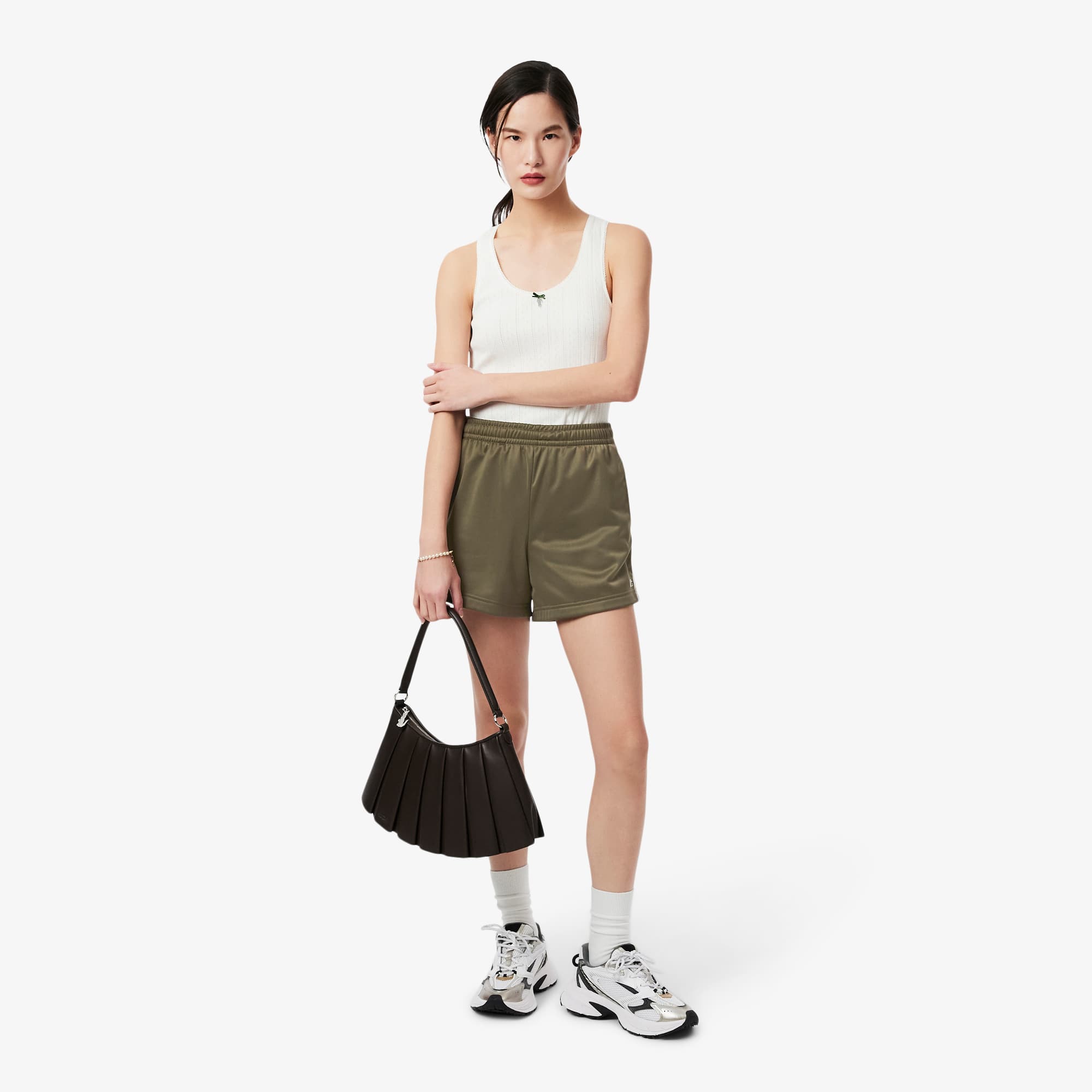 Women's Satin Jersey Pointelle Stripe Shorts - Khaki Green
