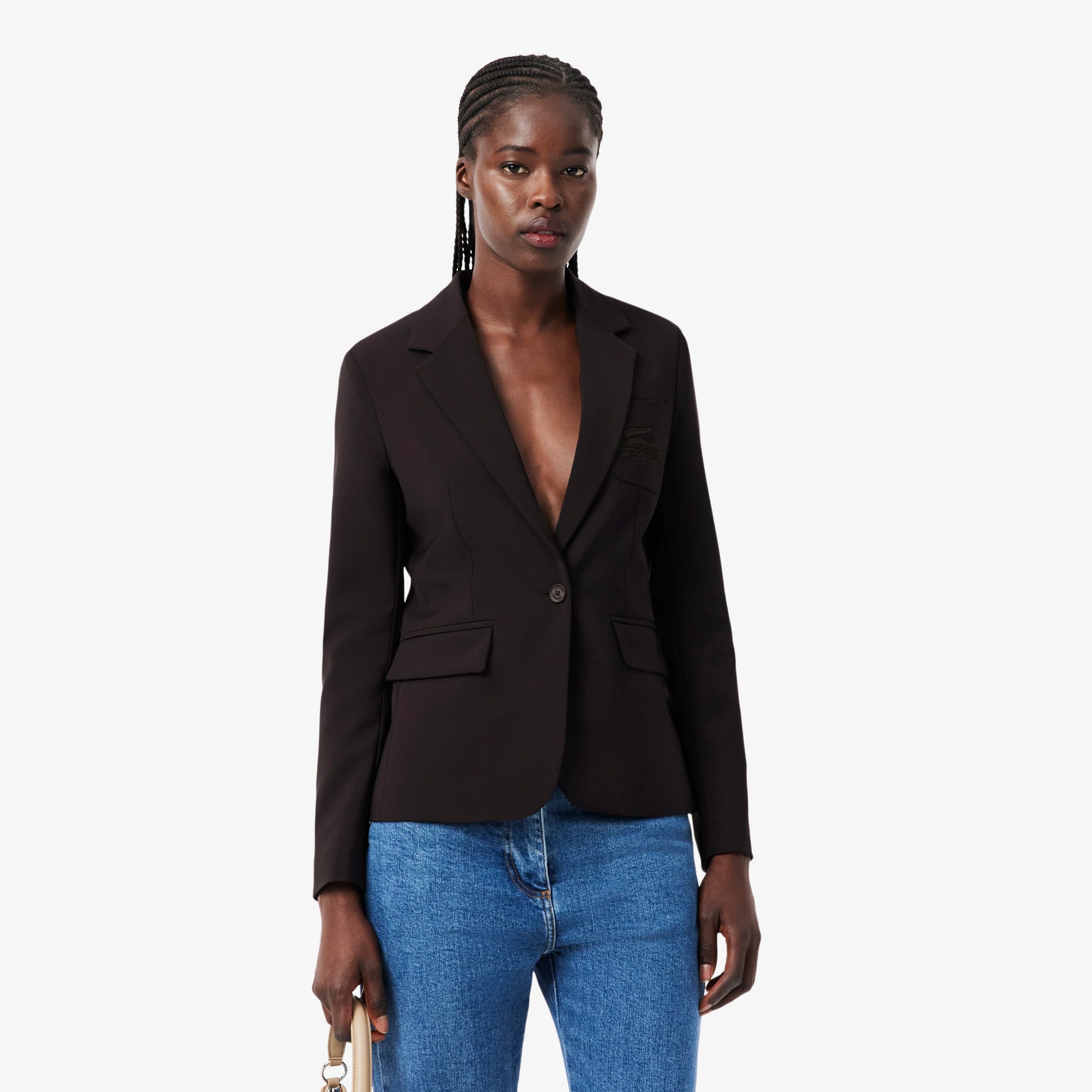 Women's Embroidered Logo Slim Fit Wool Blazer - Brown