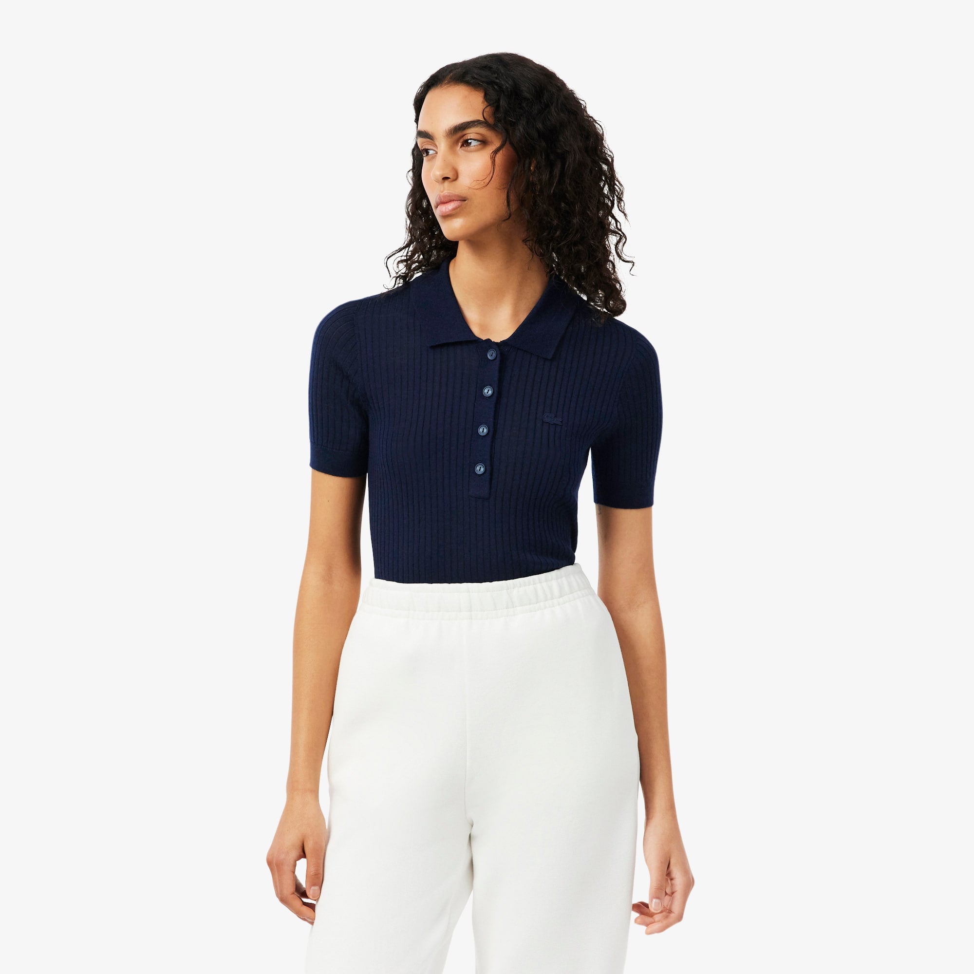 3D Rib Knit Polo Collar Merino Wool Sweater - Navy Blue