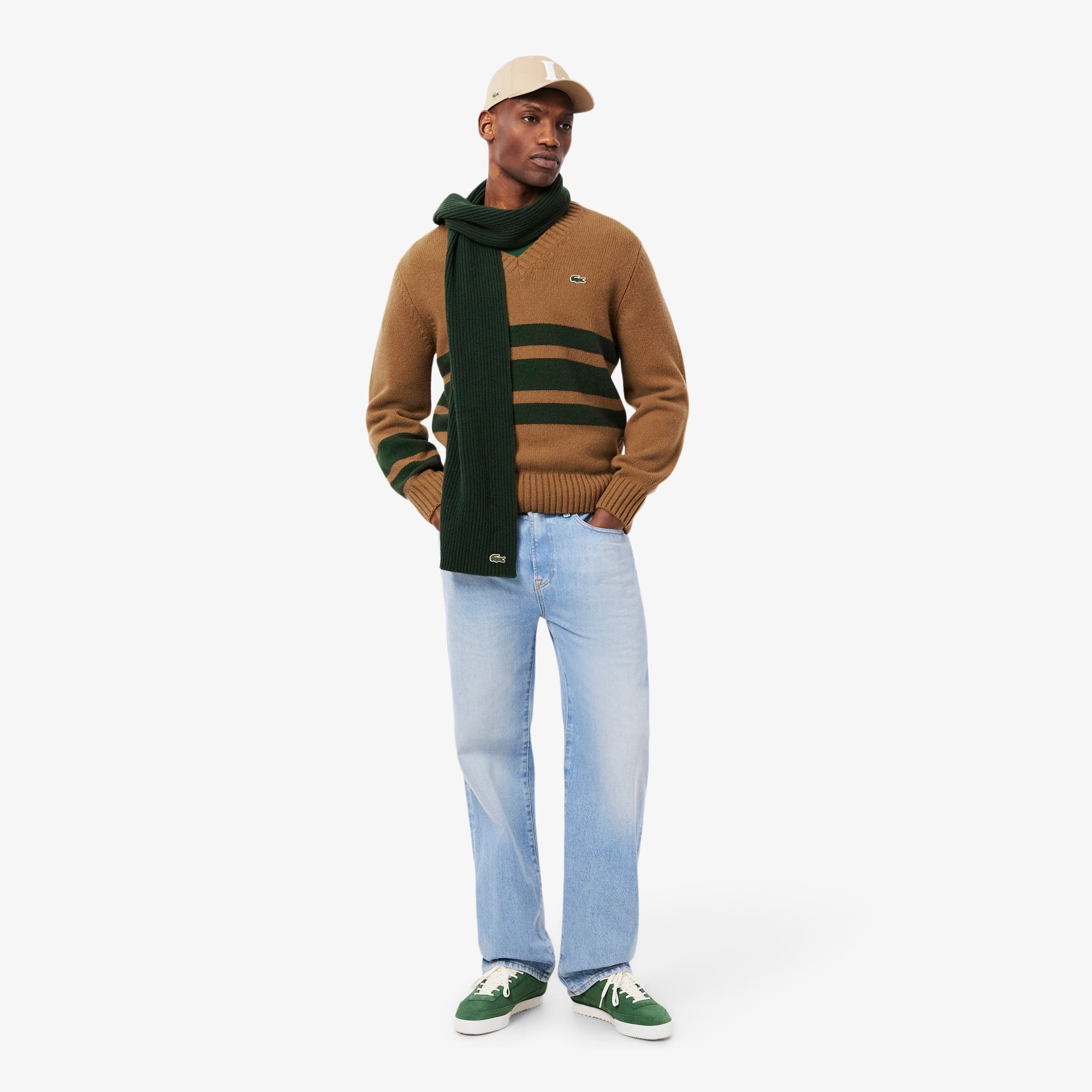 Men's Striped Wool V-Neck Sweater - Brown / Green