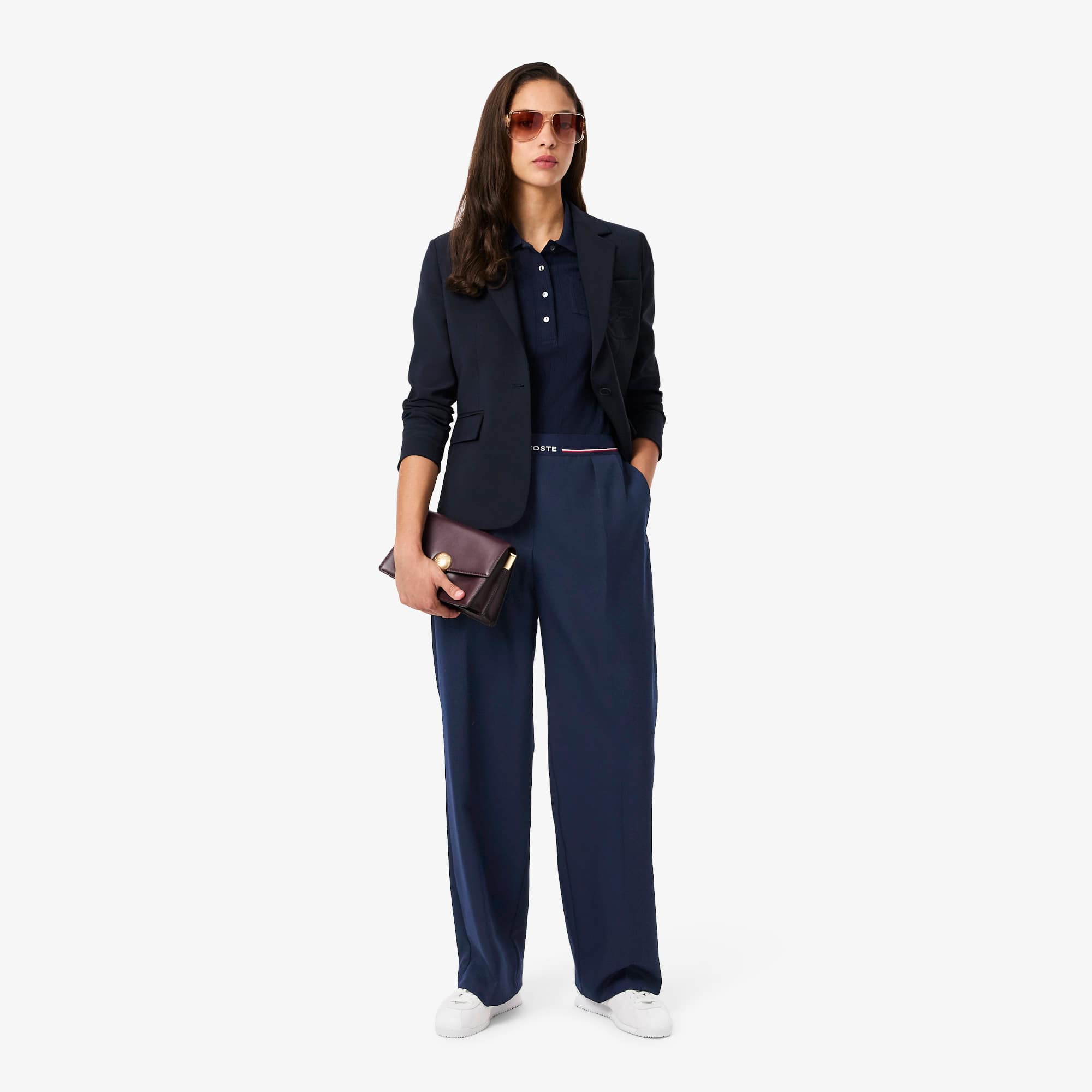 Women's Oversized Wool Blend Pleated Pants - Navy Blue