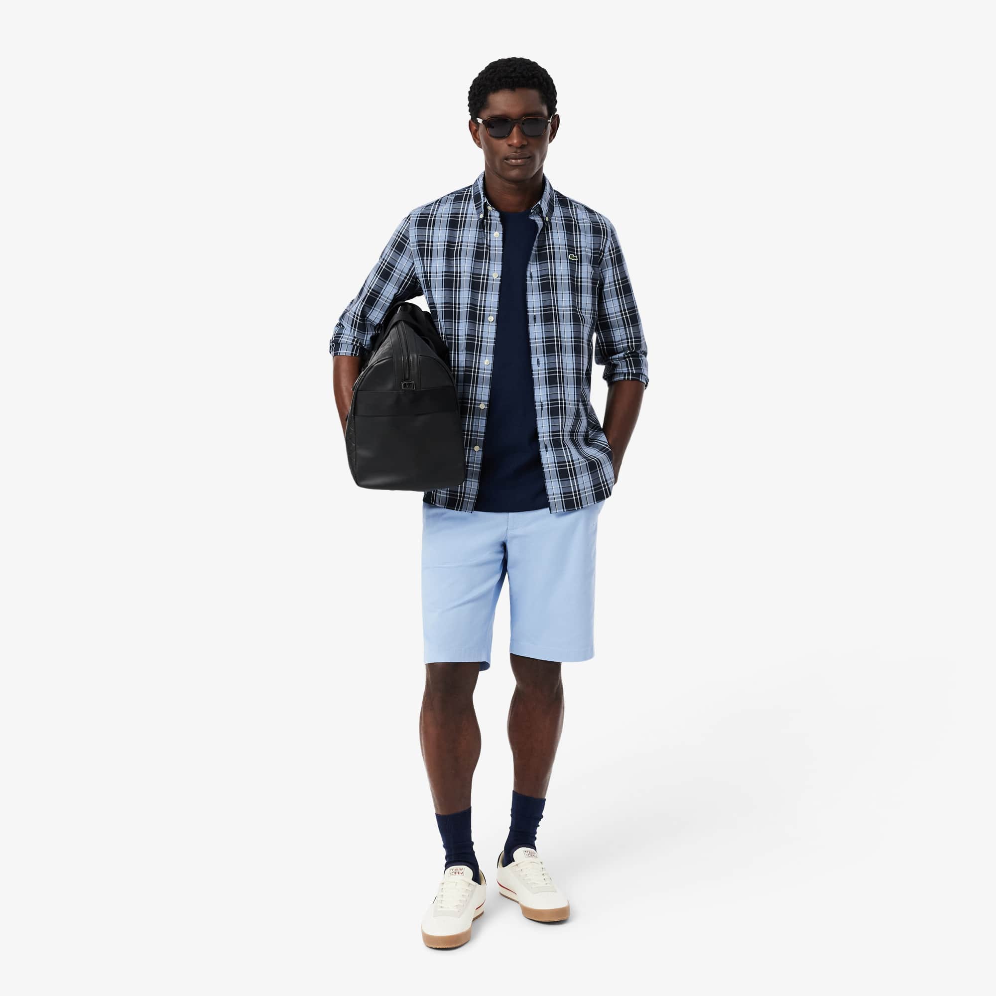Slim Fit Gingham Print Stretch Poplin Shirt - Bleu Clair / Bleu Marine / Blanc