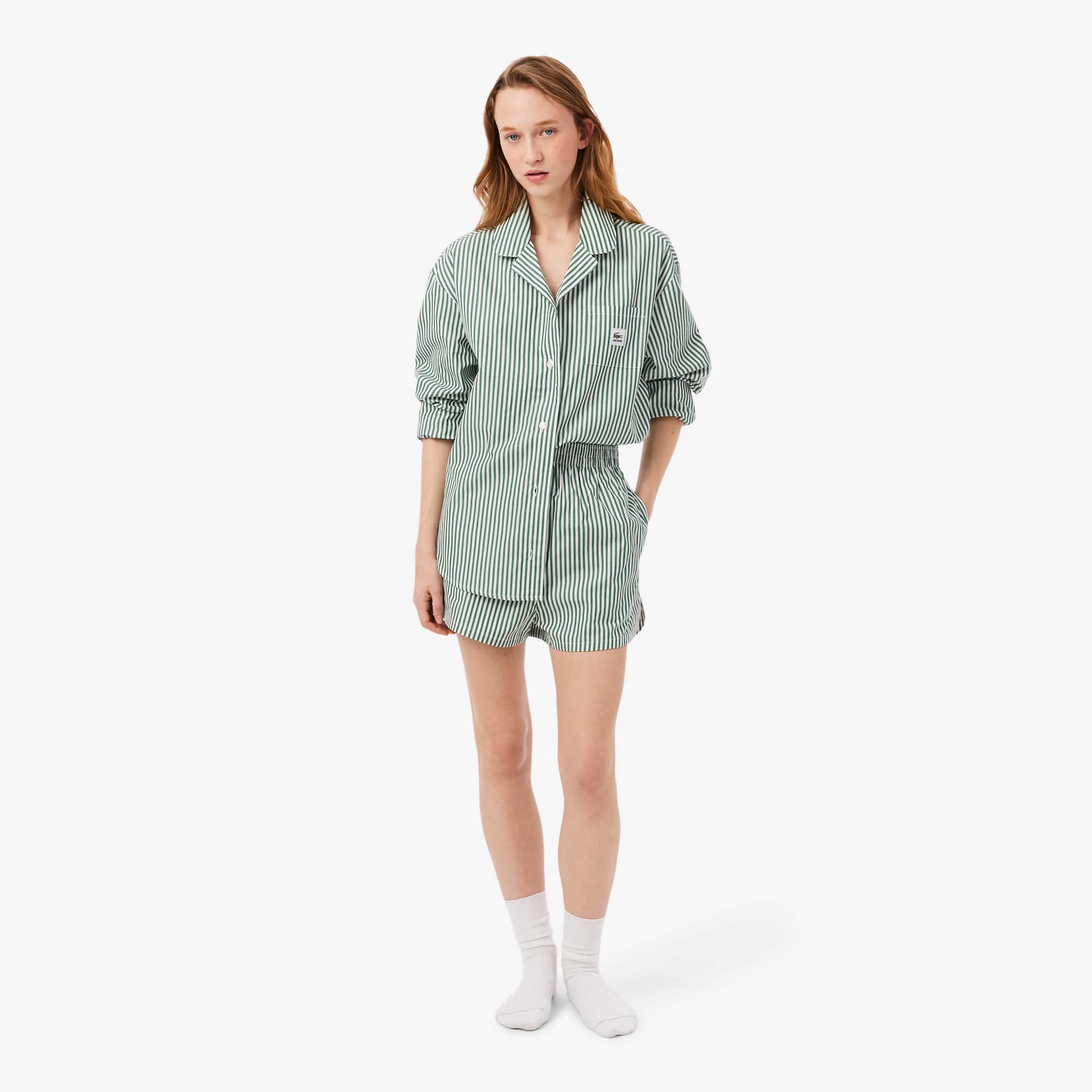 Oversized Striped Poplin Pajama Set - Green / White