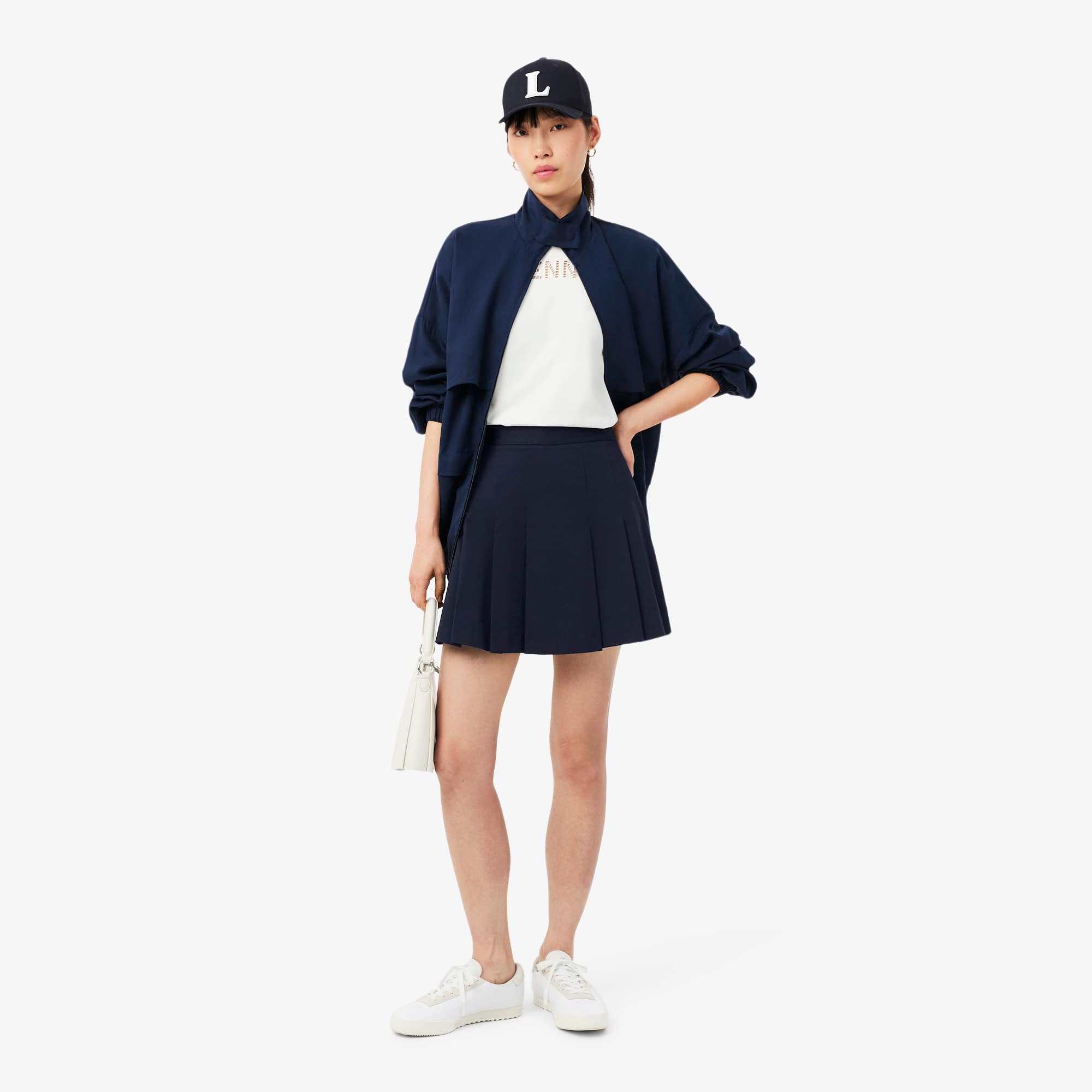 Women's Short Stretch Cotton Pleated Skirt - Navy Blue