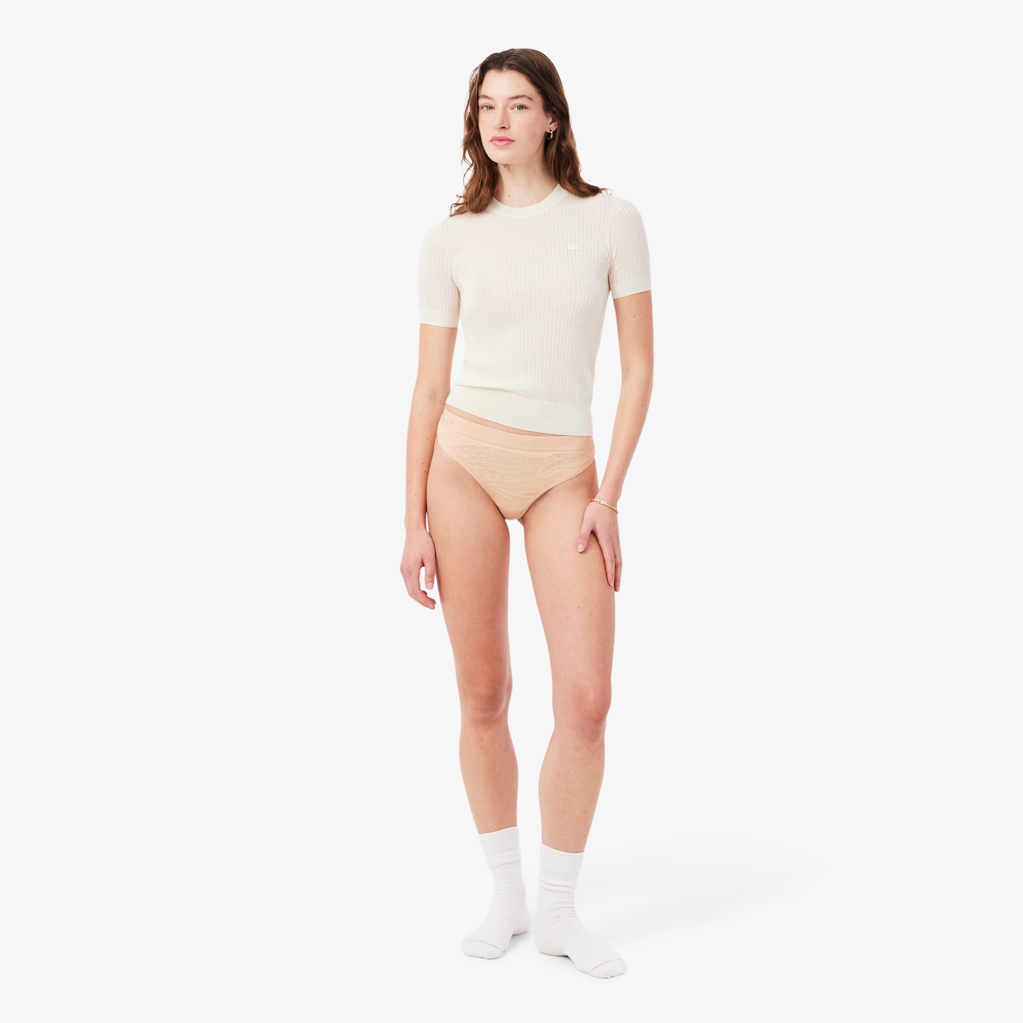 Logo Waist Mesh String Briefs - Beige