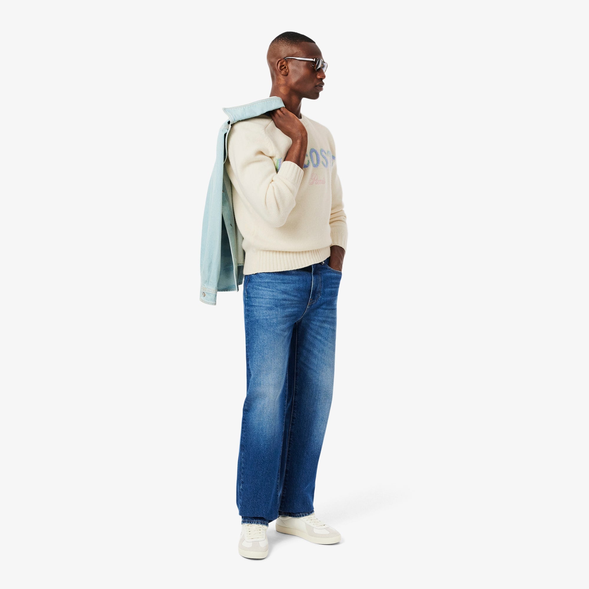 Men's Intarsia Branded Wool Sweater - White / Purple