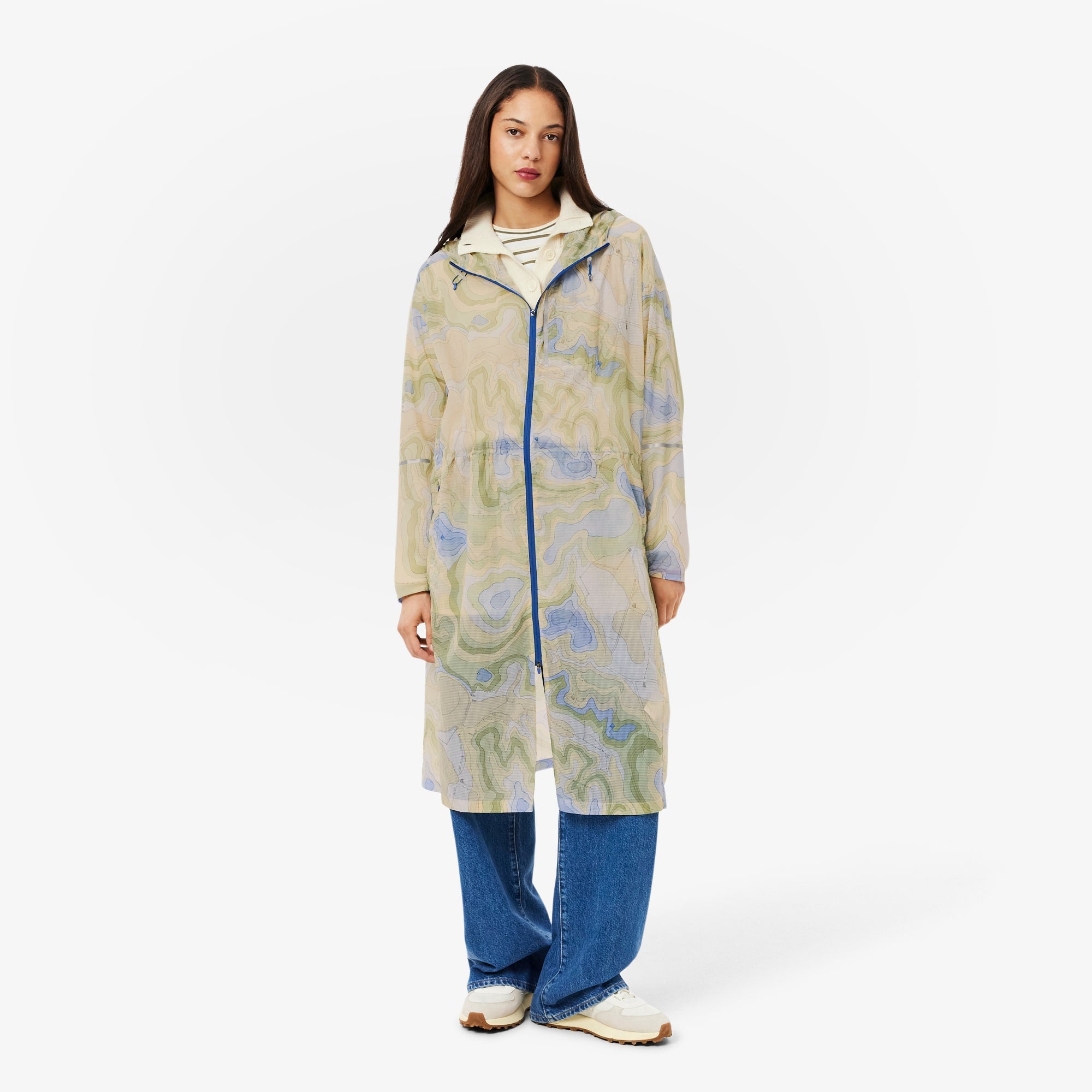 Women's Long Oversized Water-Repellent Parka - White / Blue