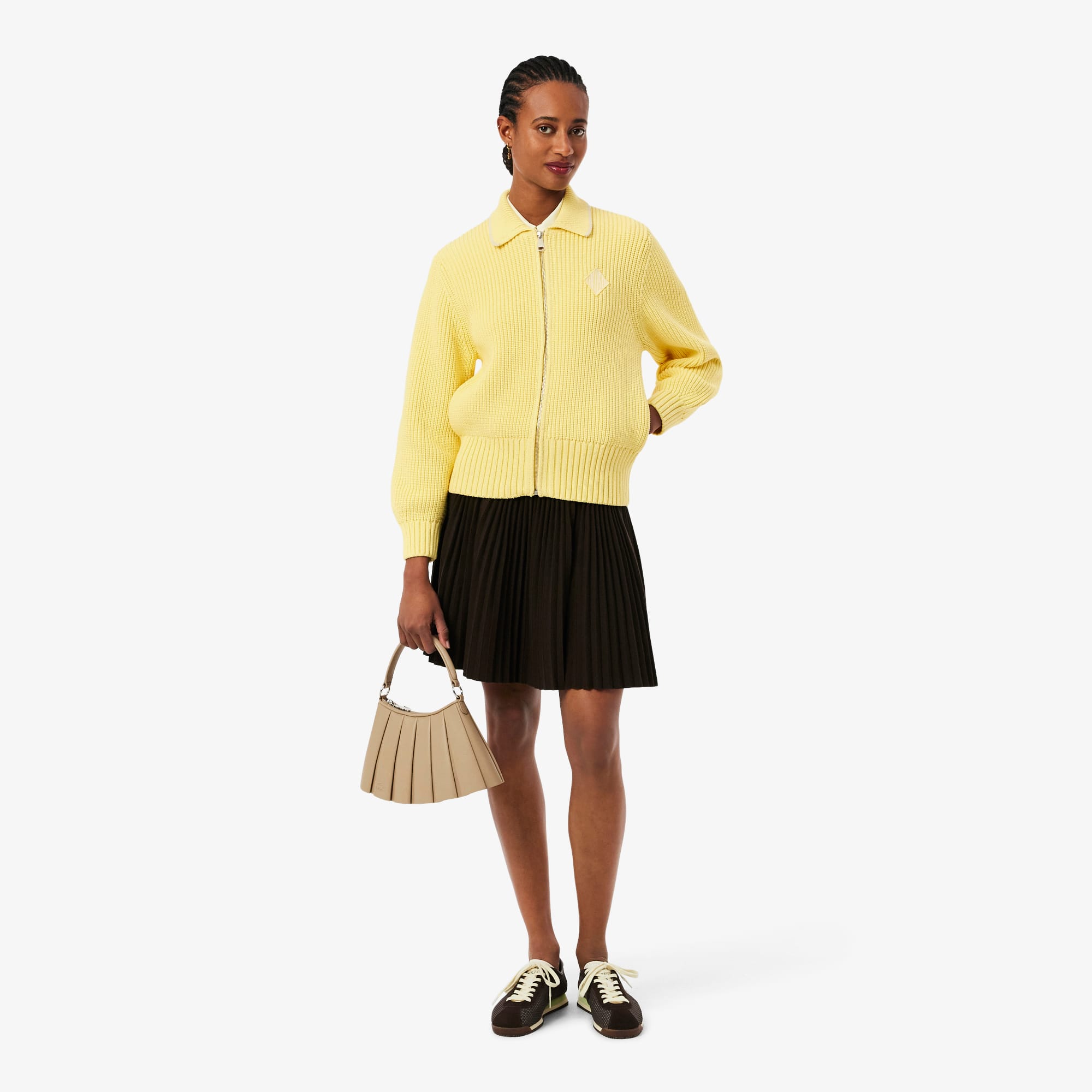 Zipped Cotton Badge Accent Sweater - Pastel yellow