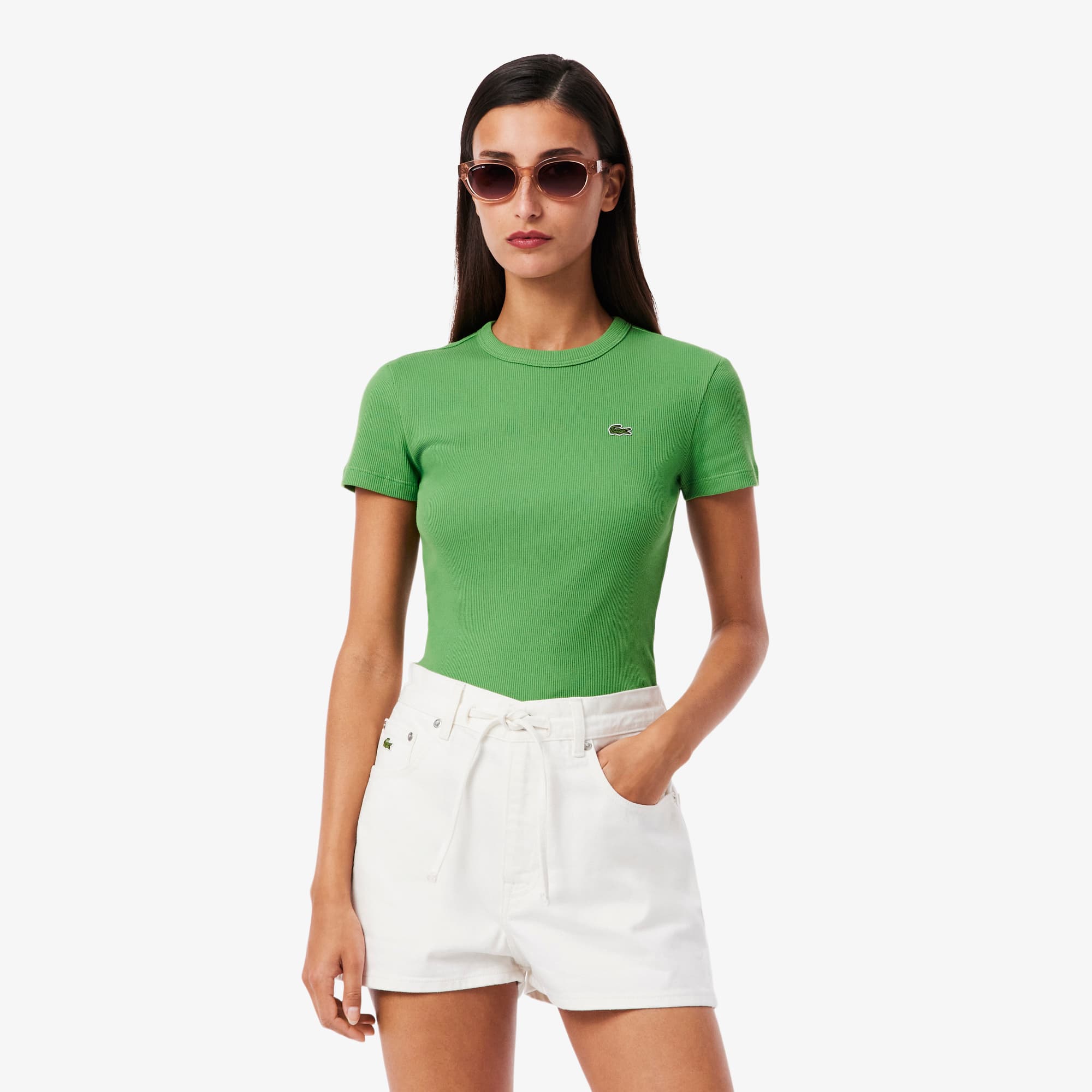 Women's Slim Fit Ribbed Cotton T-Shirt - Vert
