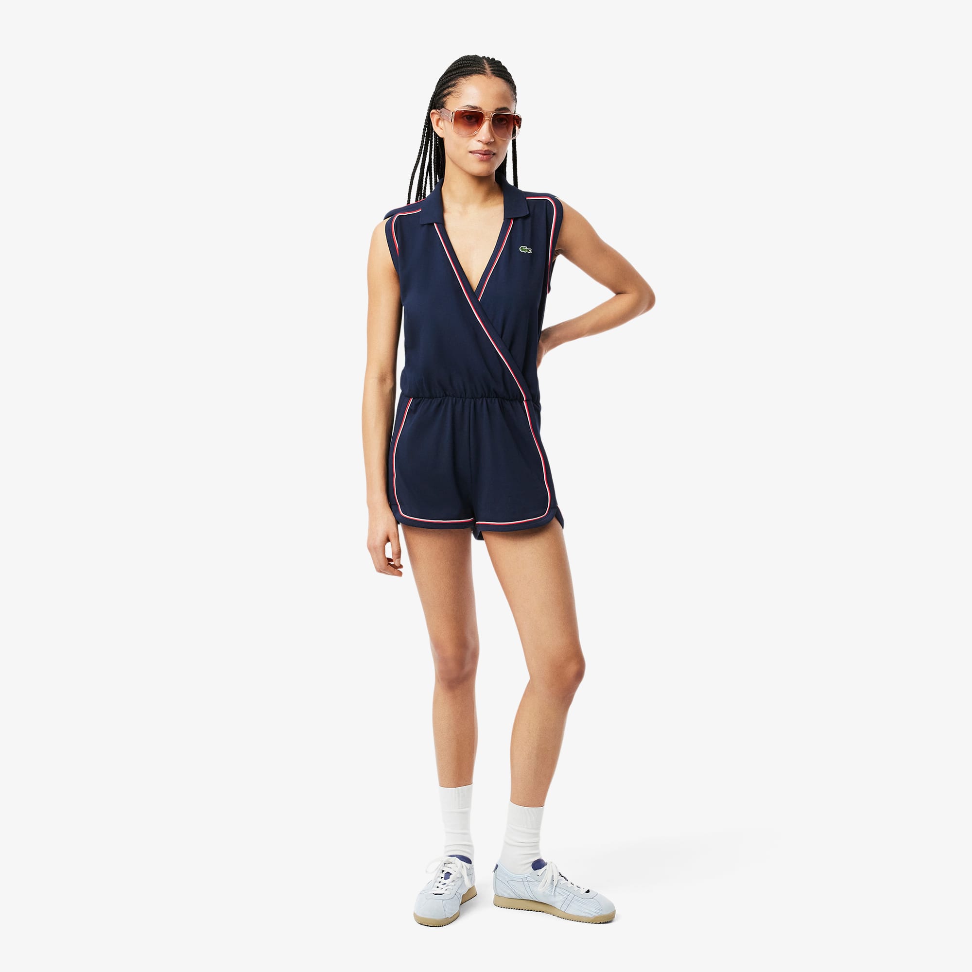 Women's Sleeveless Polo Romper - Navy Blue / Light Blue / Red