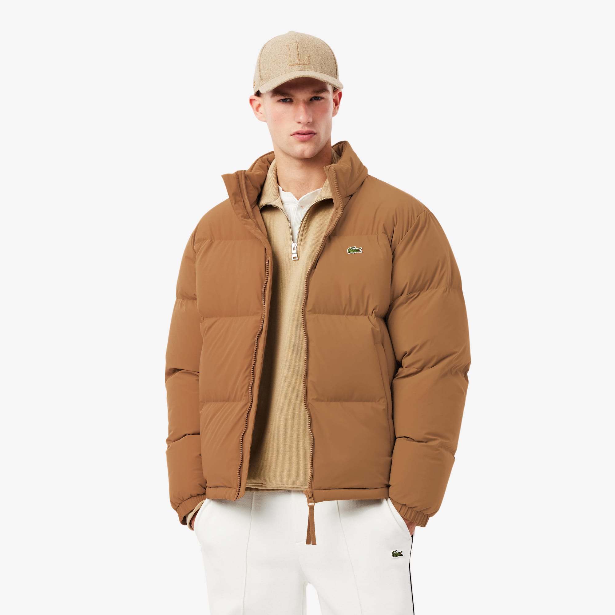 Men's Water-Repellent Hooded Down Jacket - Light Brown