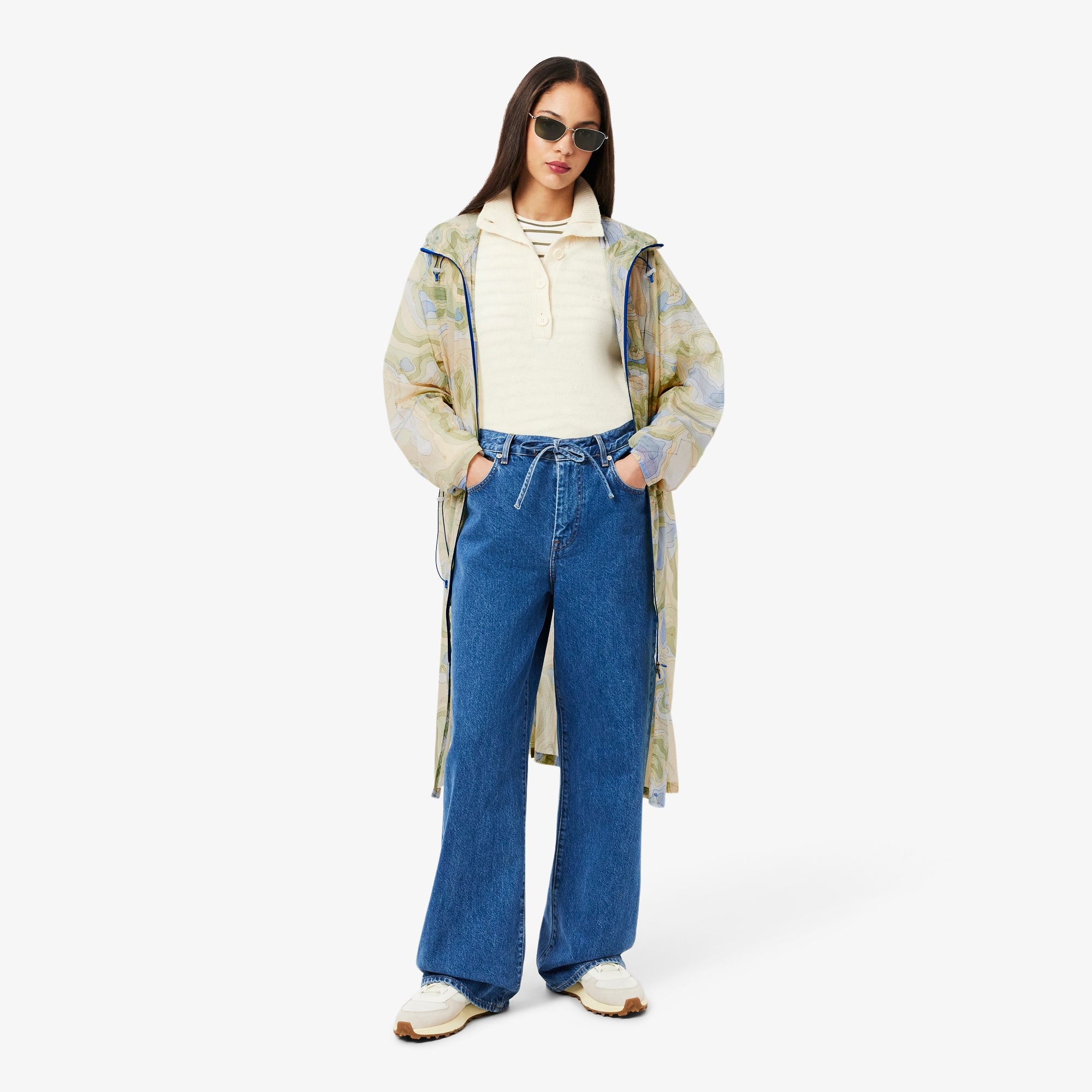 Women's Long Oversized Water-Repellent Parka - White / Blue