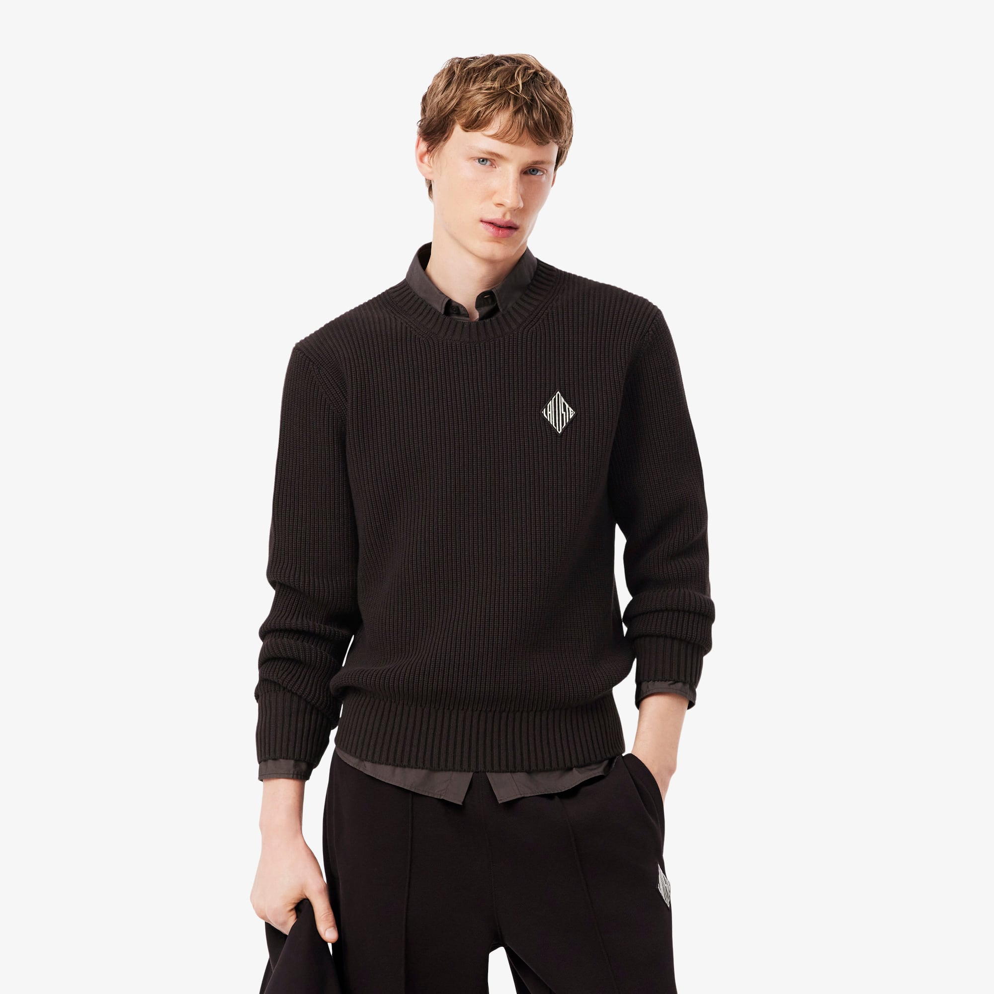 Pearl Rib Knit Badge Accent Sweater - Brown