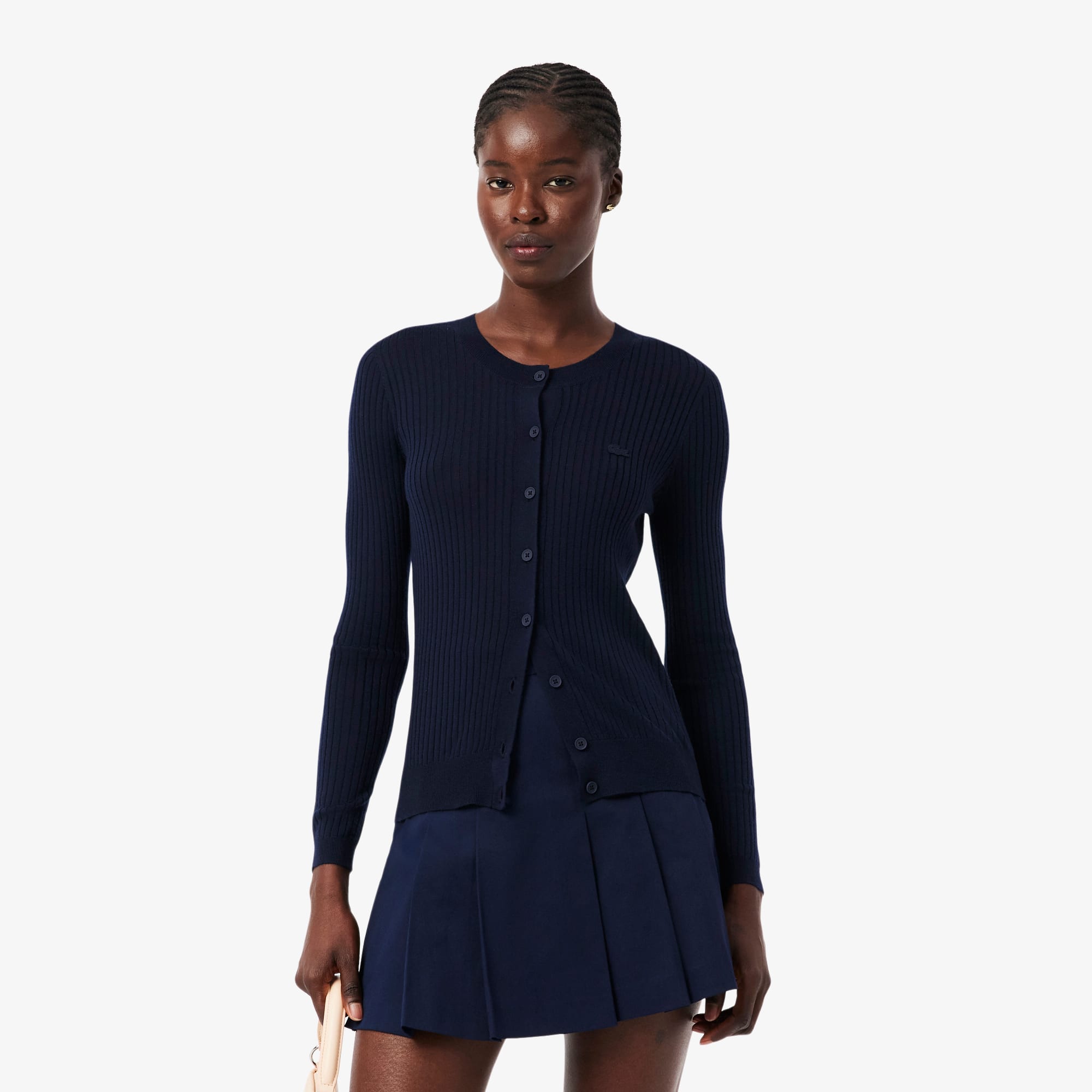 Women's Rib Knit Merino Wool Cardigan - Navy Blue