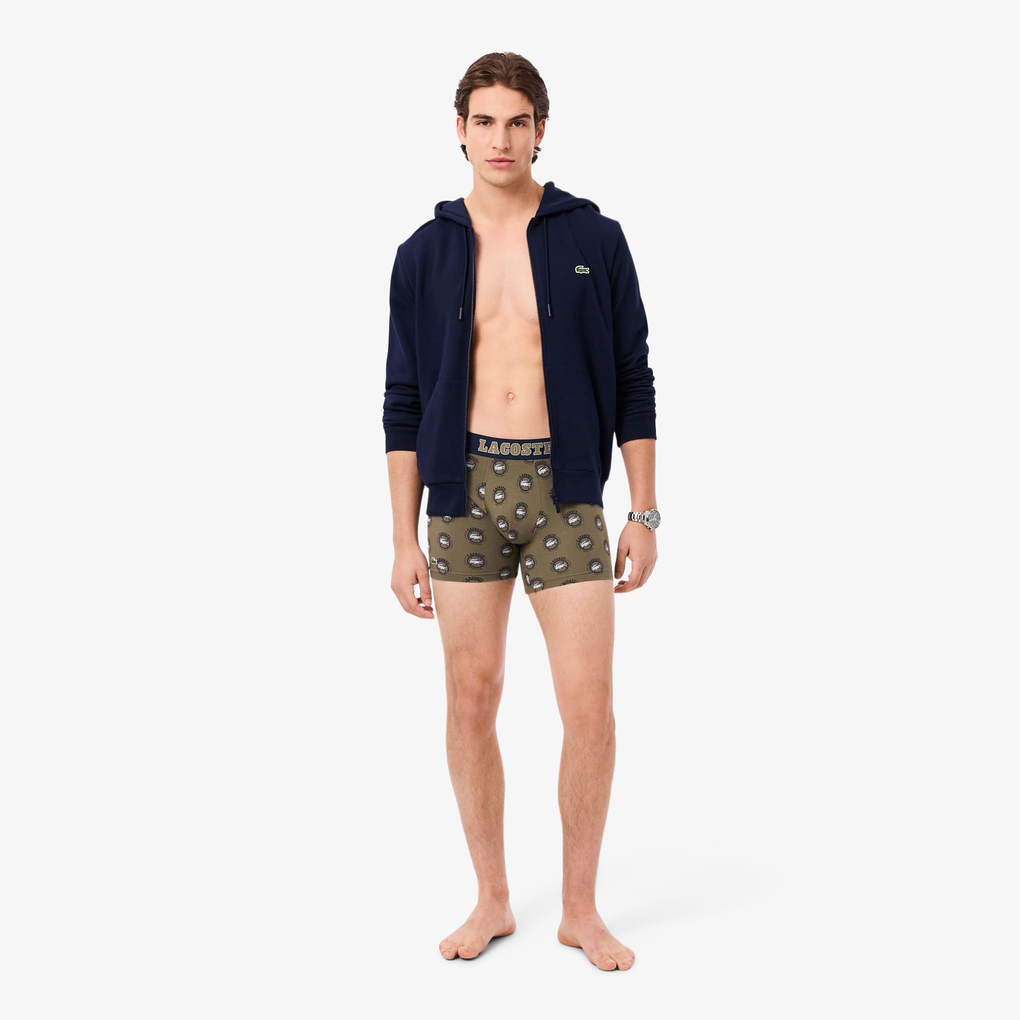Men's Printed Stretch Cotton Boxer Briefs - Vert Kaki / Bleu Marine / Blanc