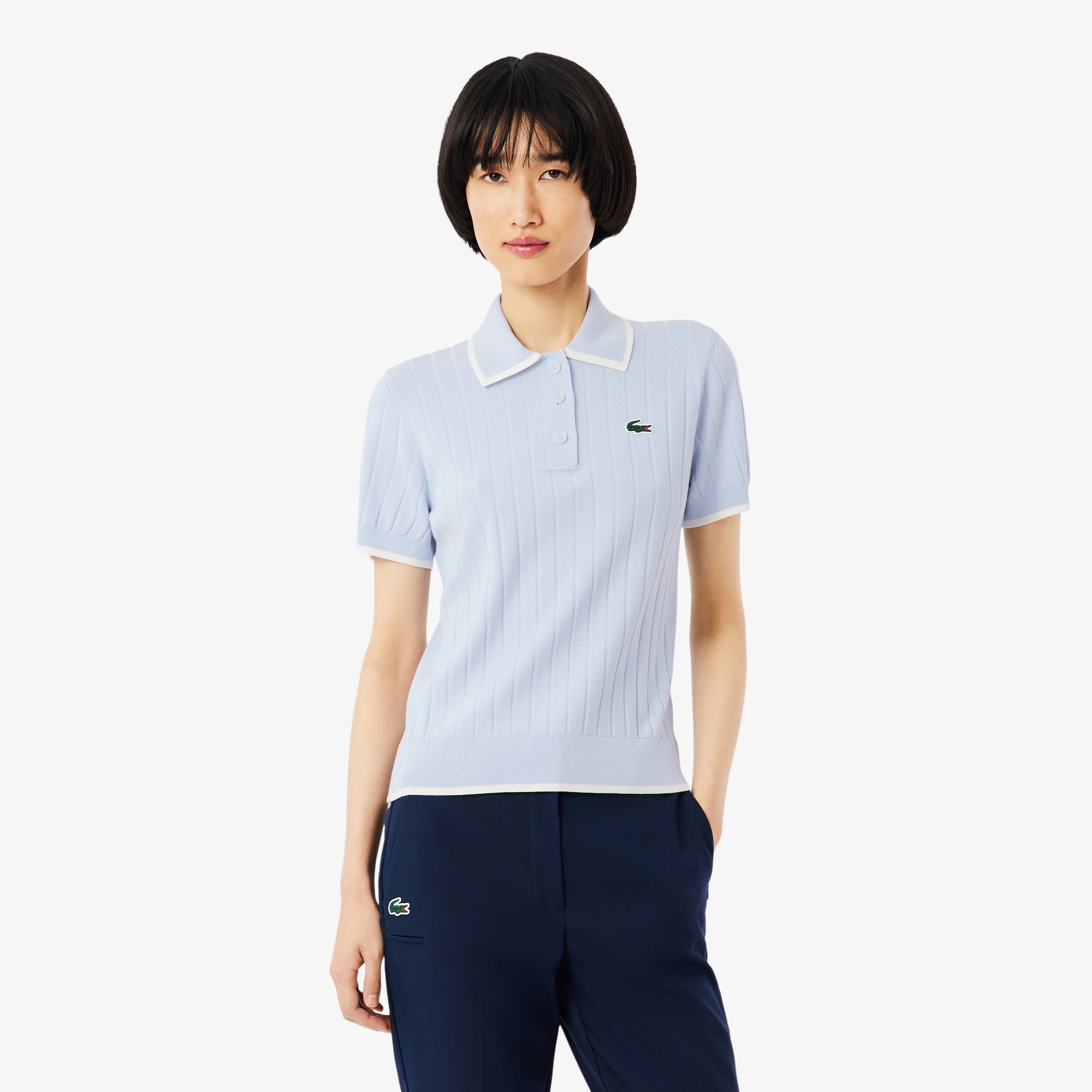 Women's Short Sleeve Polo Collar Golf Sweater - Bleu Clair / Blanc
