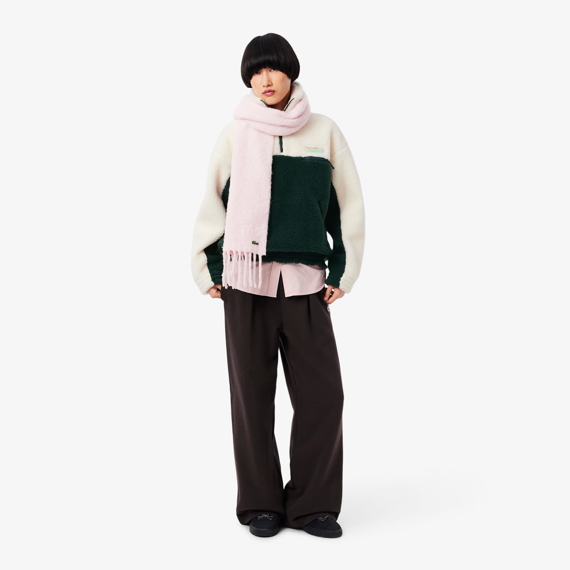 Women's High-Neck Oversized Fleece Sweatshirt - Green / White