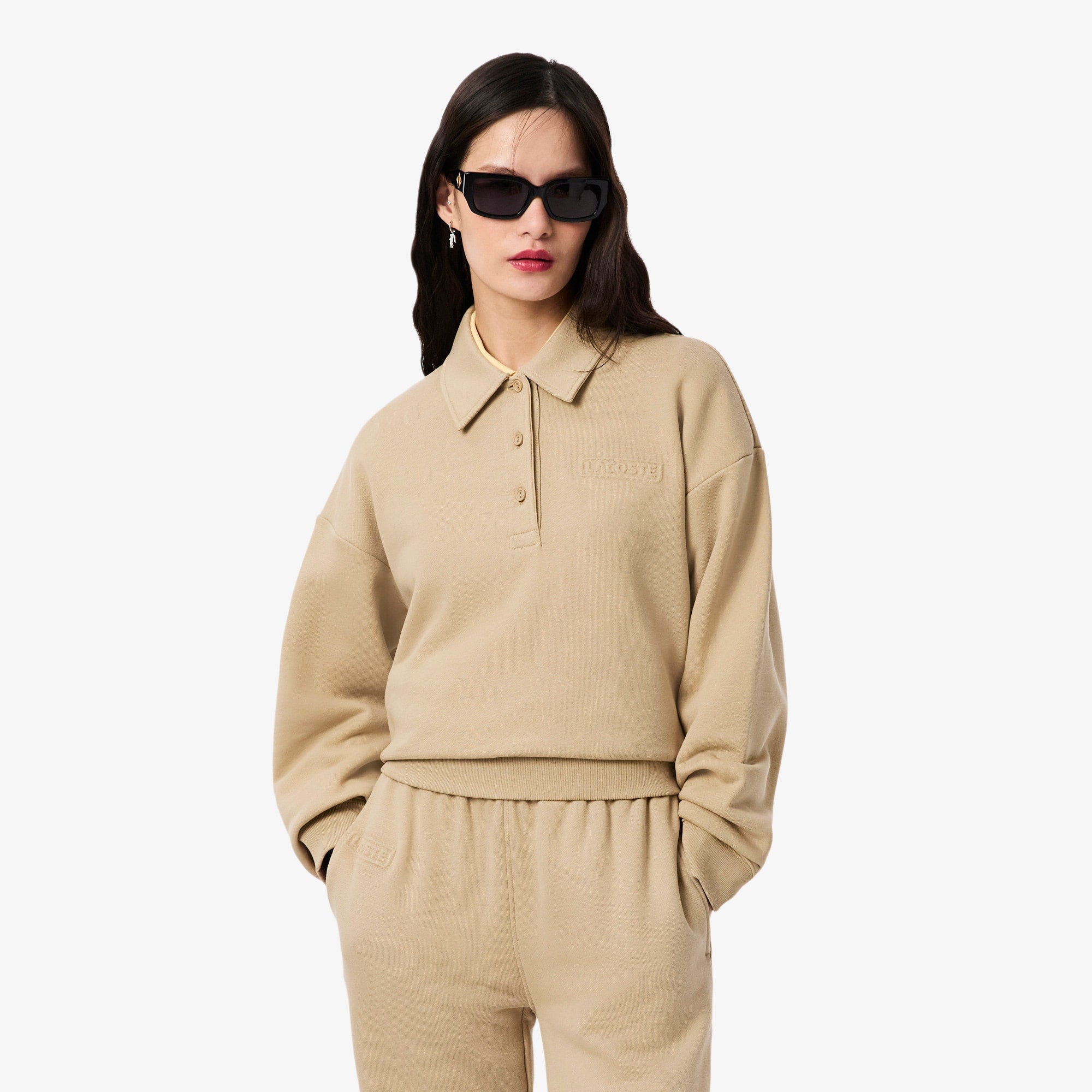Women's Polo Collar Sweatshirt - Beige