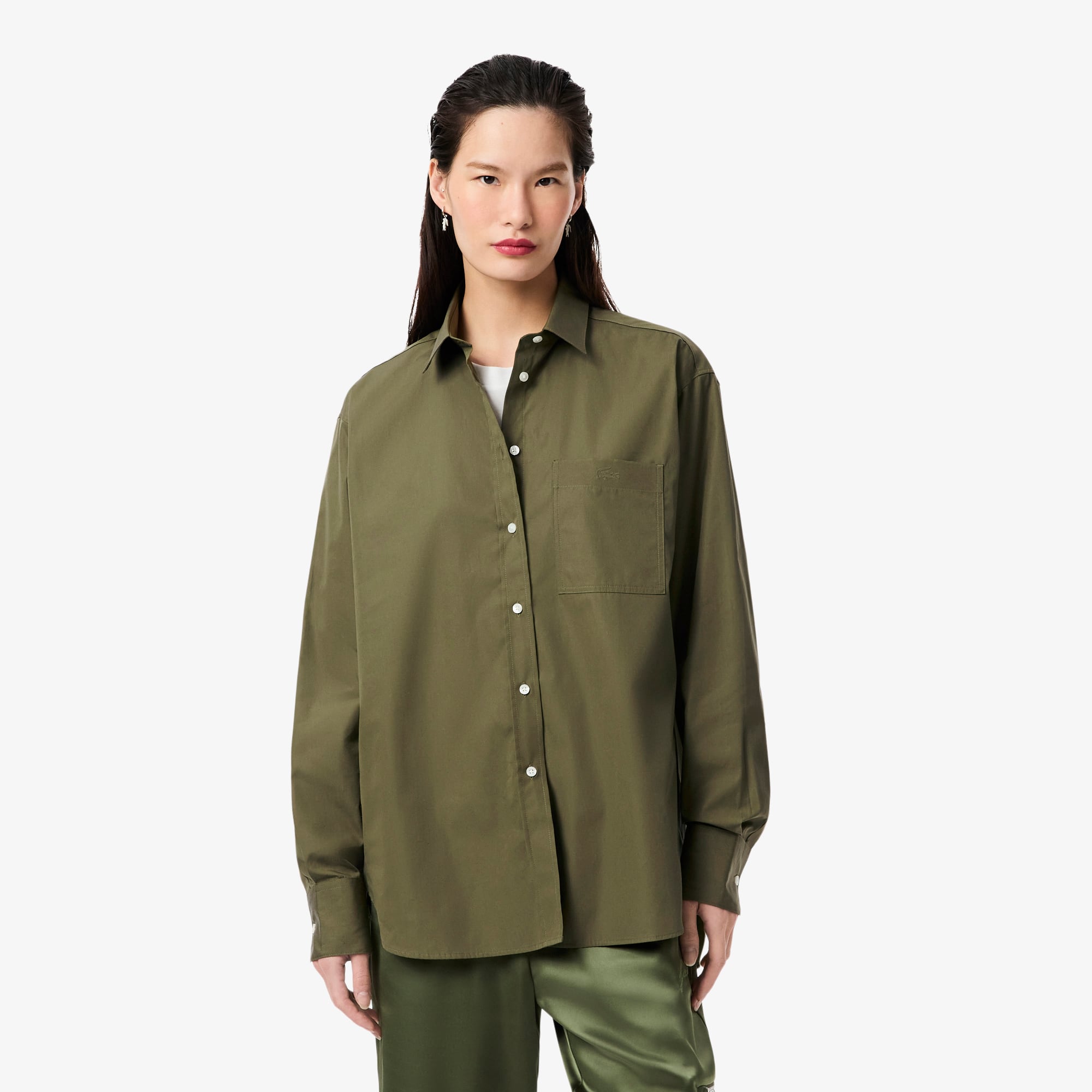 Women's Oversized Cotton Button Down Shirt - Khaki Green