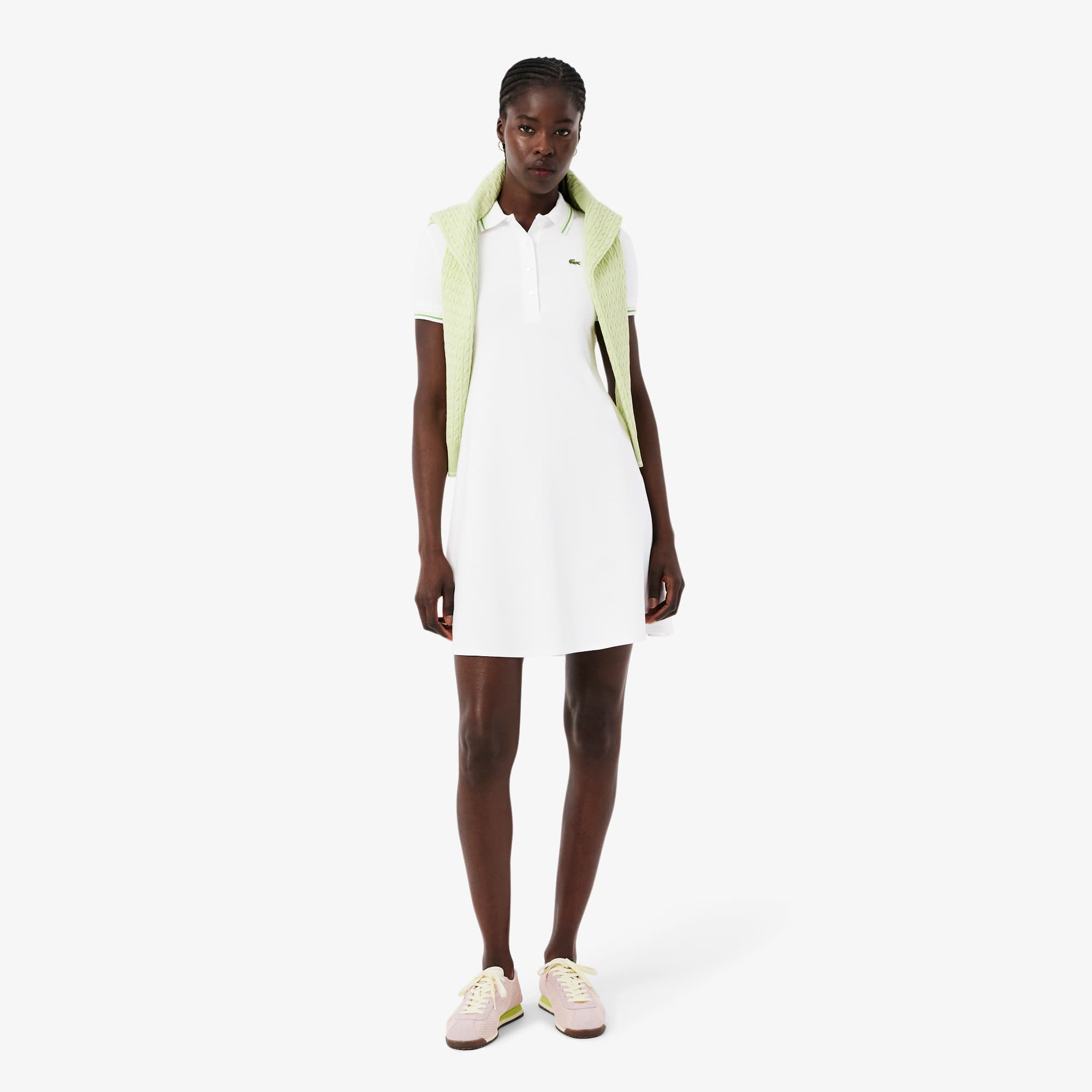 Women's Stretch Polo Collar Skater Dress - Blanc / Vert