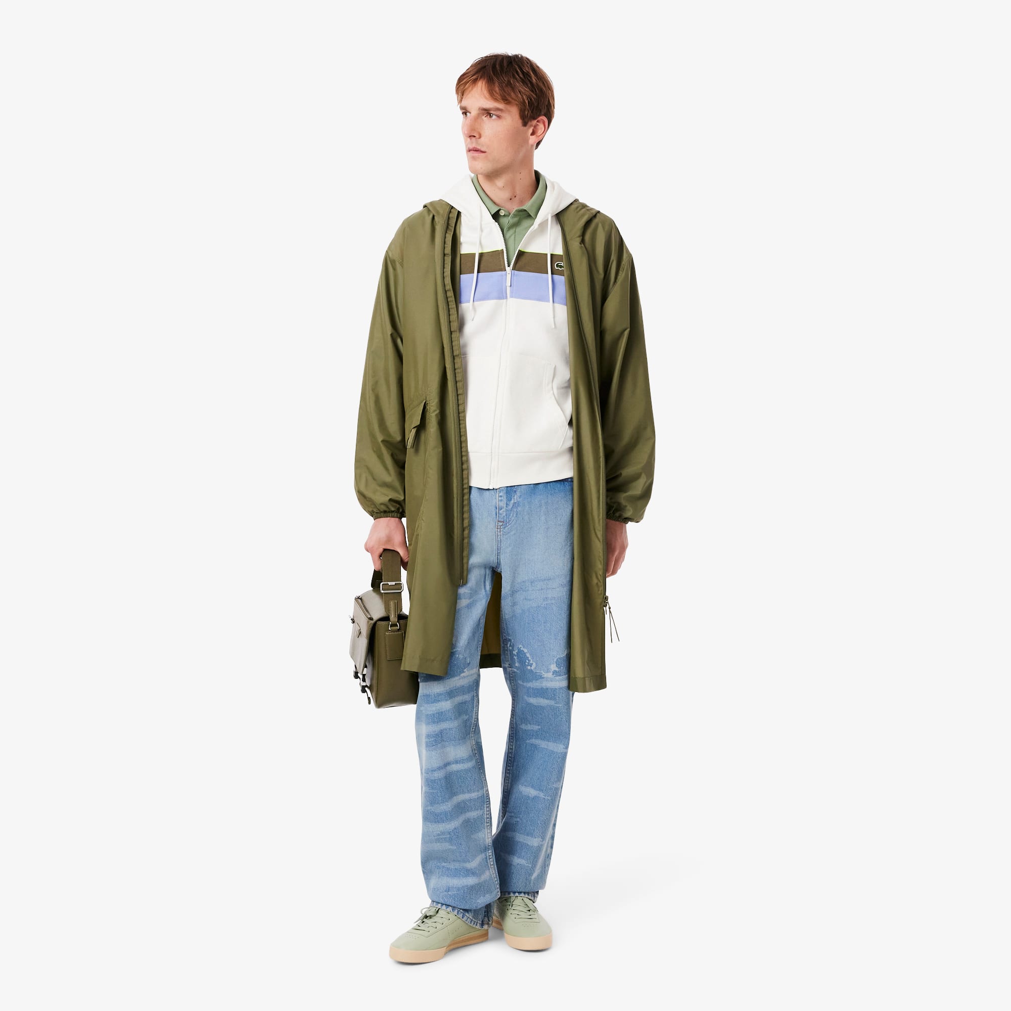 Men's Zip-Up Colorblock Hoodie - White / Khaki Green / Purple
