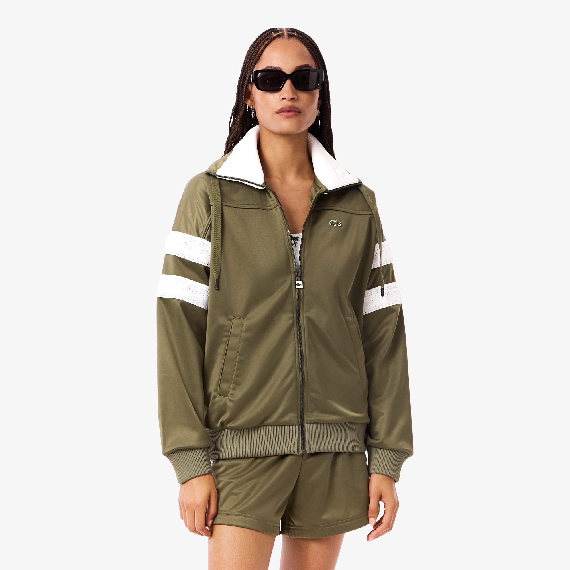 Women's Oversized Pointelle Stripe Satin Sweatshirt - Khaki Green