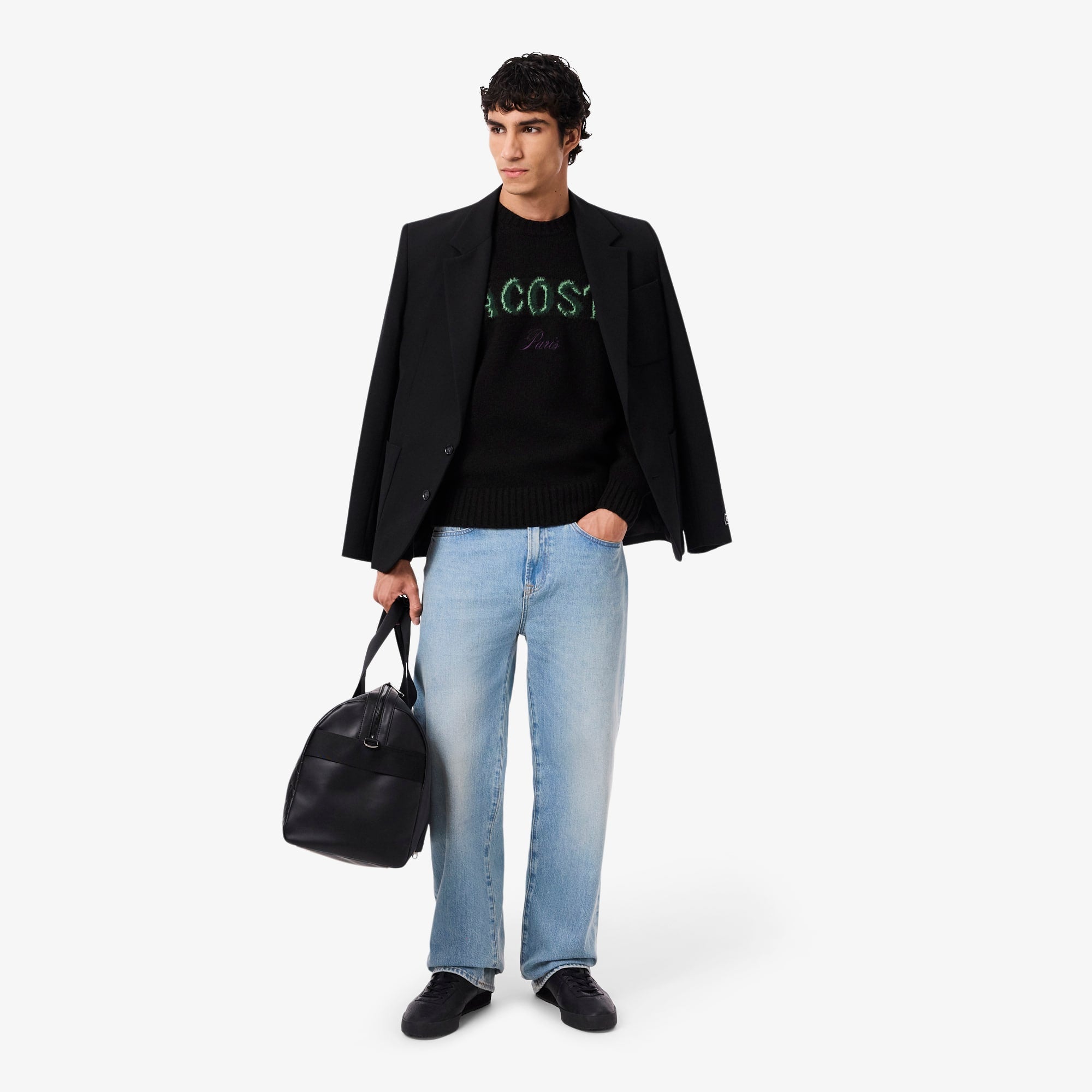 Men's Intarsia Branded Wool Sweater - Black / Green