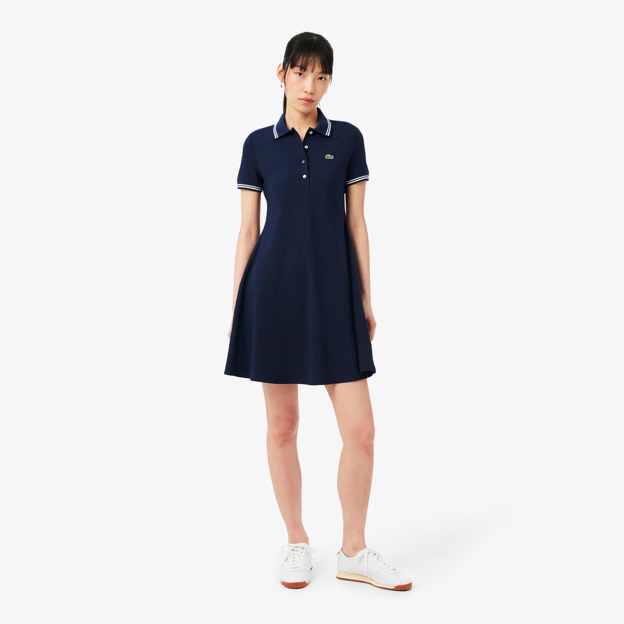 Women's Stretch Polo Collar Skater Dress - Bleu Marine / Bleu Clair / Blanc