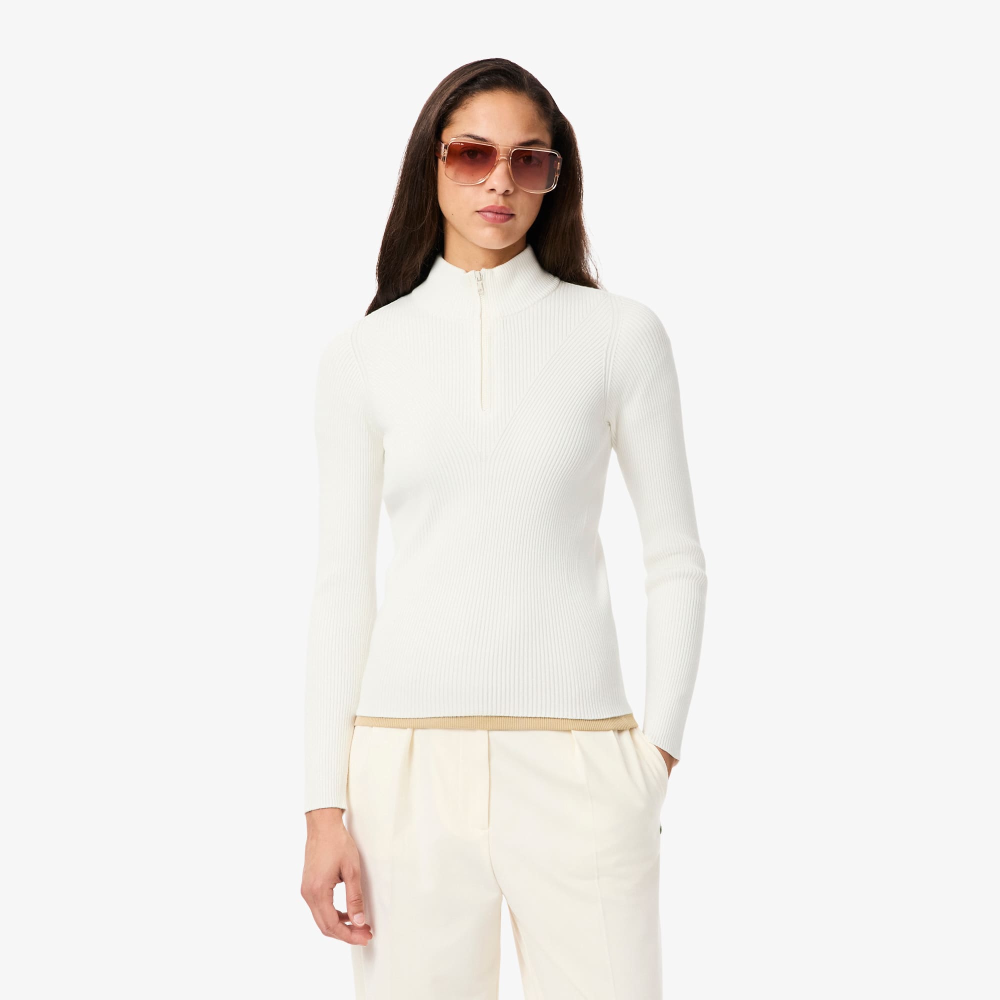 Women's High-Neck 3D Ribbed Knit Sweater - White