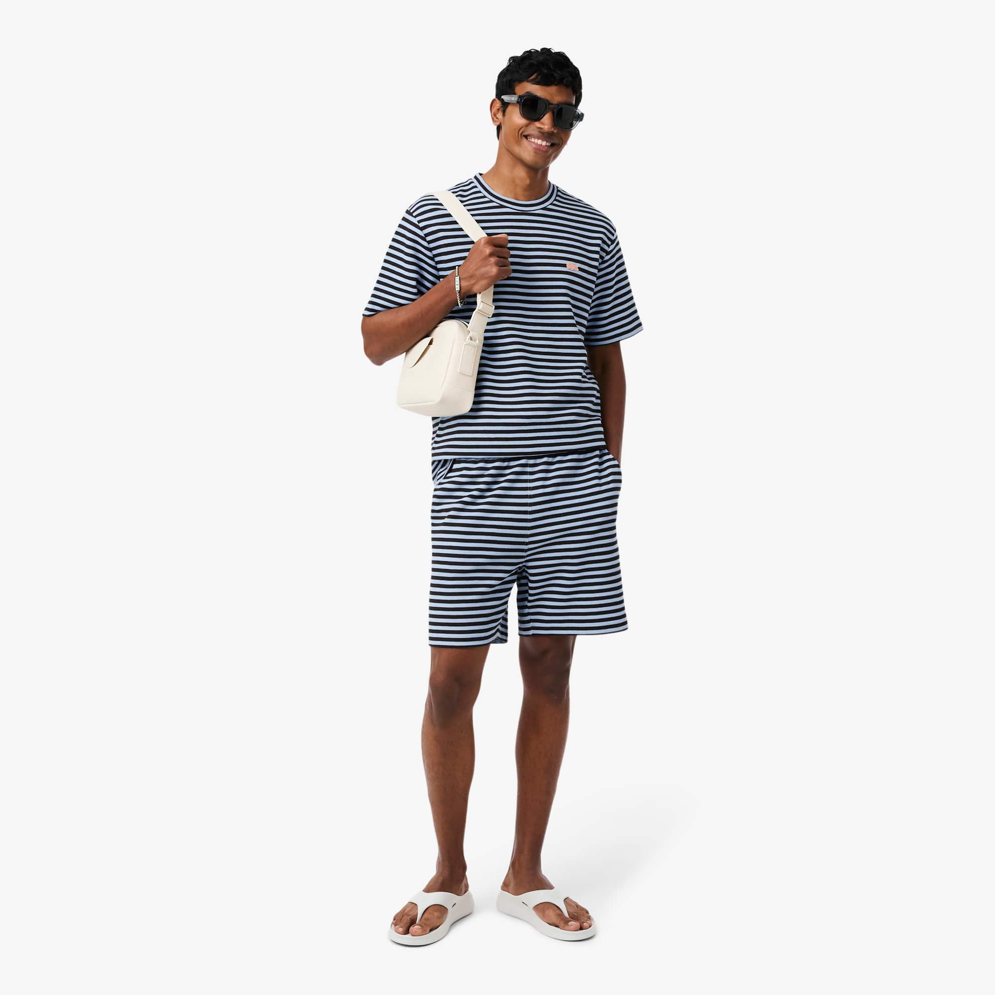 Textured Striped Cotton T-Shirt - Bleu Clair / Marron