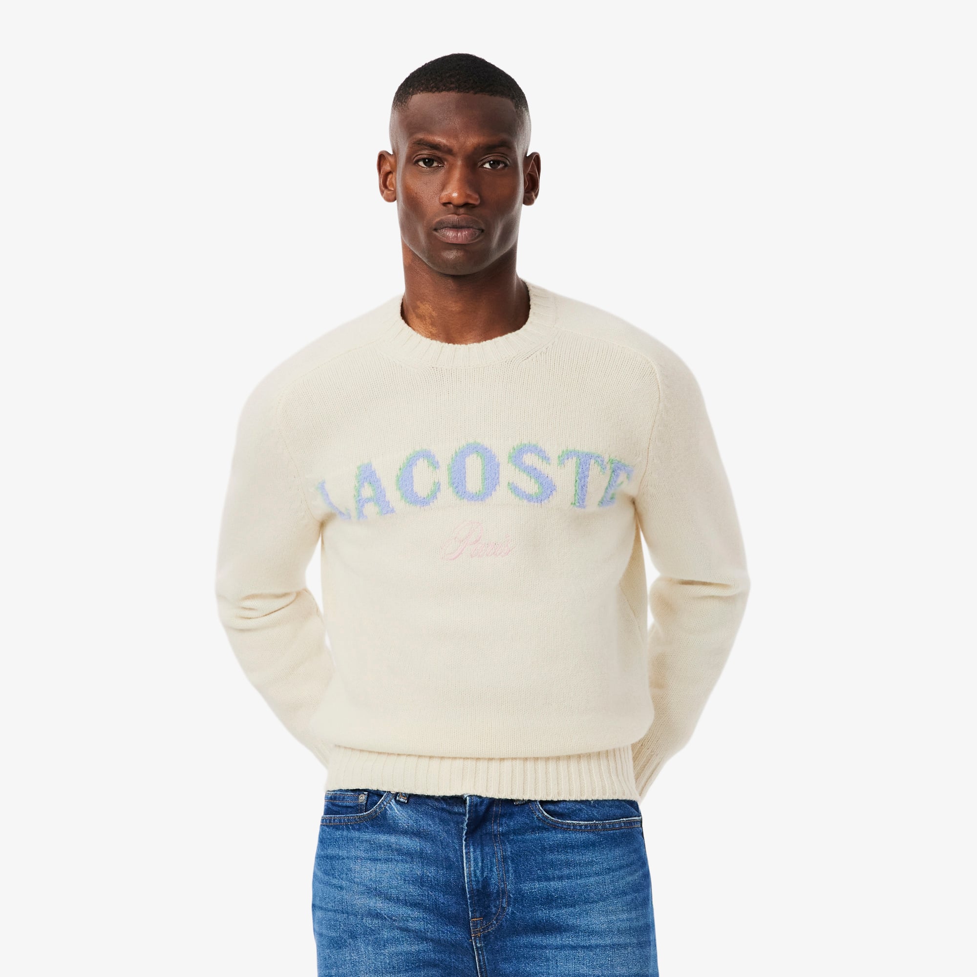 Men's Intarsia Branded Wool Sweater - White / Purple