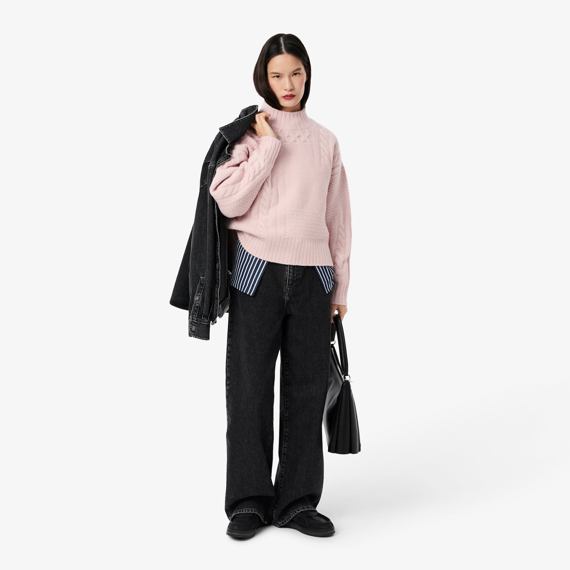 Women's Patchwork Effect High-Neck Wool Sweater - Light Pink