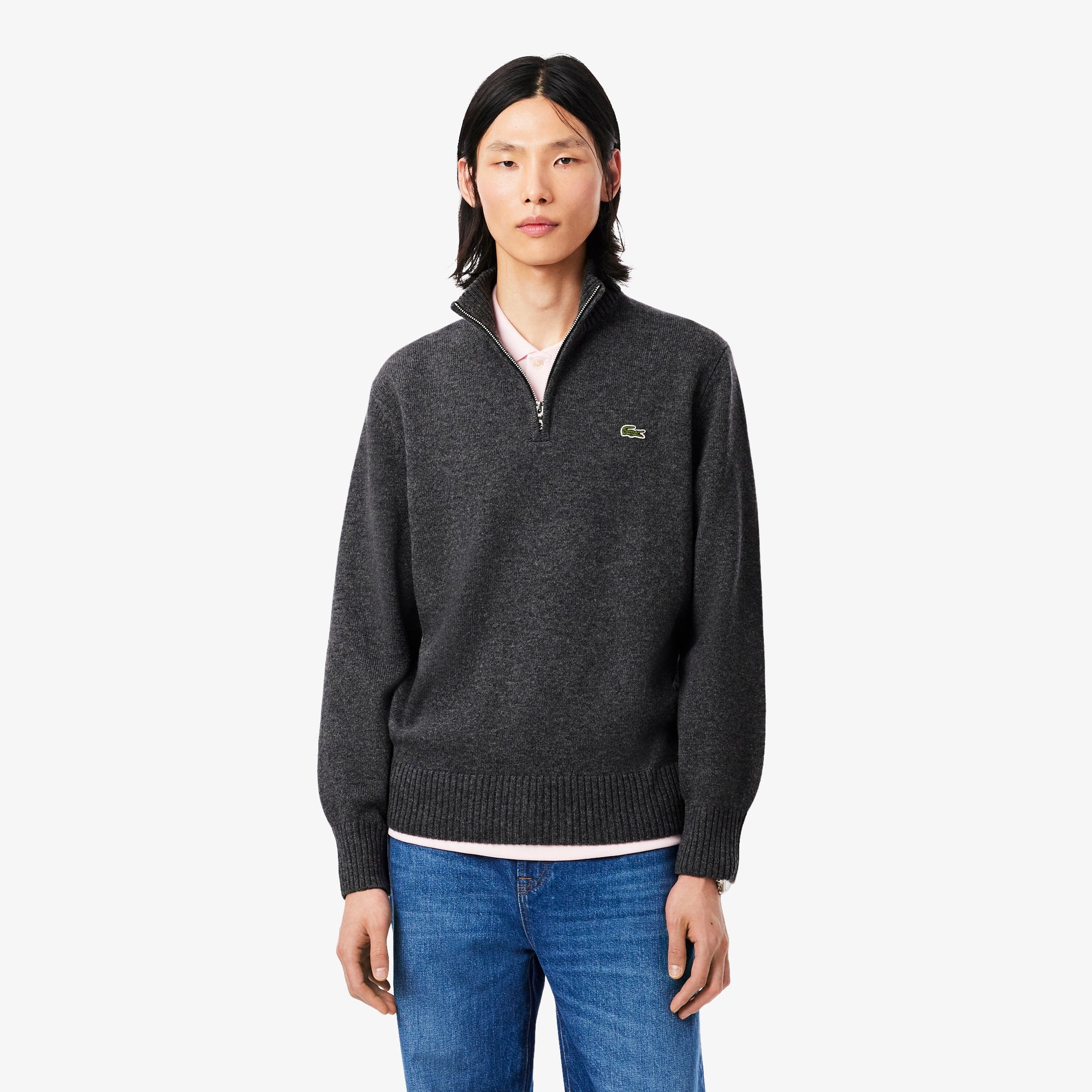 Men's Zip-Up High-Neck Wool Sweater  - Grey pitch