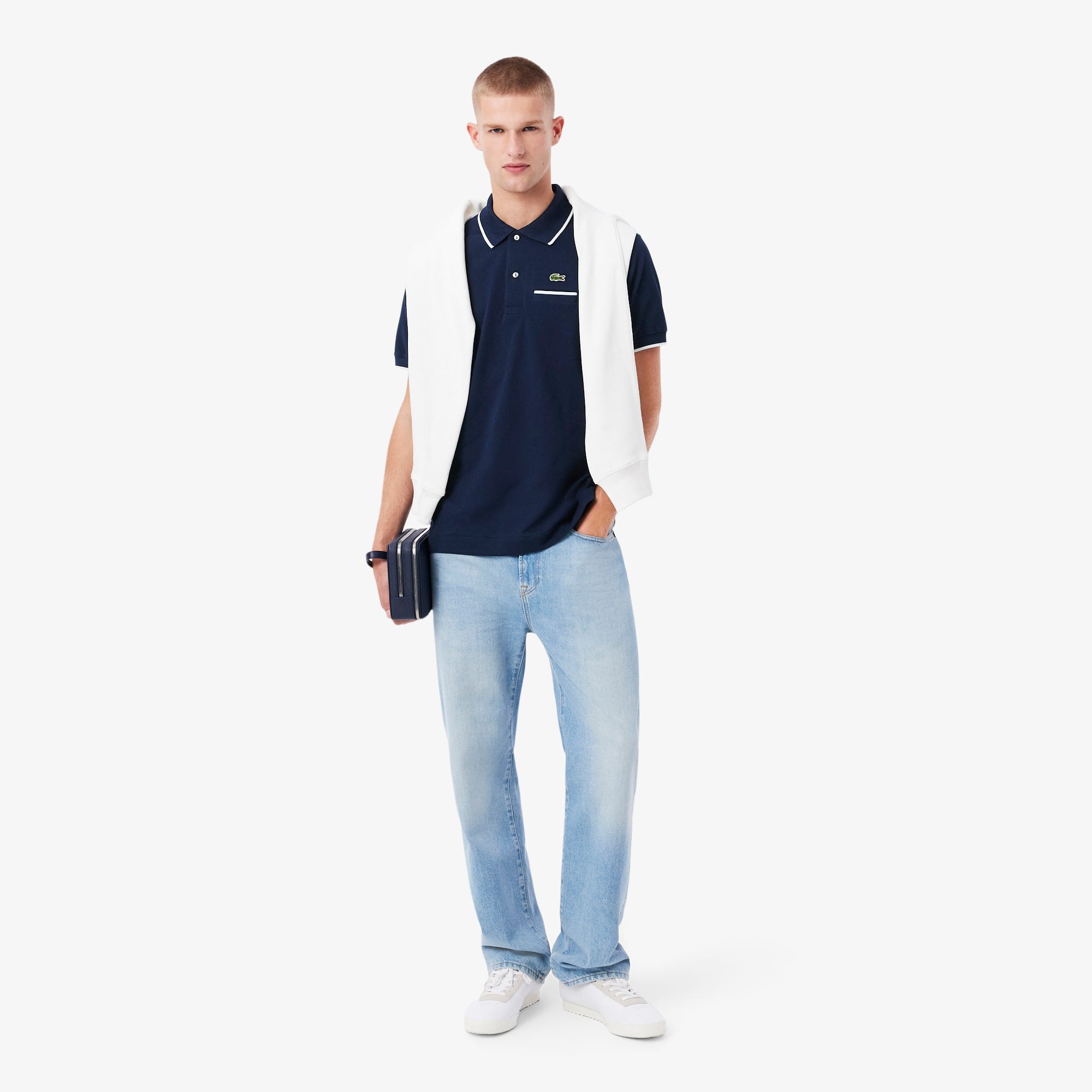 Men's Classic Fit Pocket Accent L.12.12 Polo - Navy Blue / White