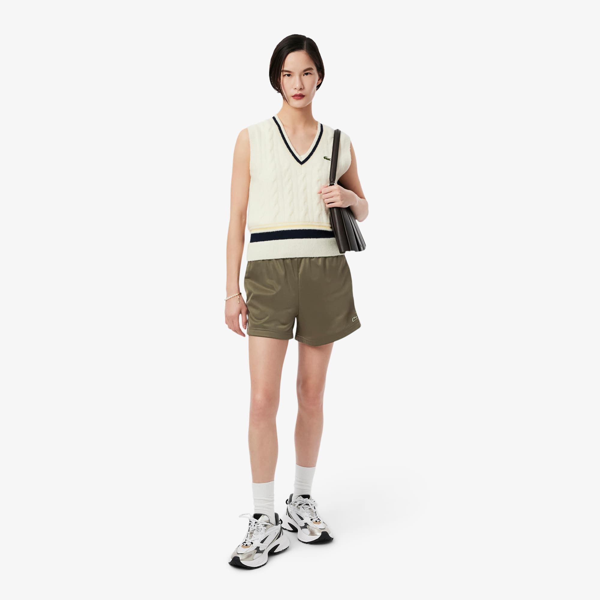 Women's Satin Jersey Pointelle Stripe Shorts - Khaki Green