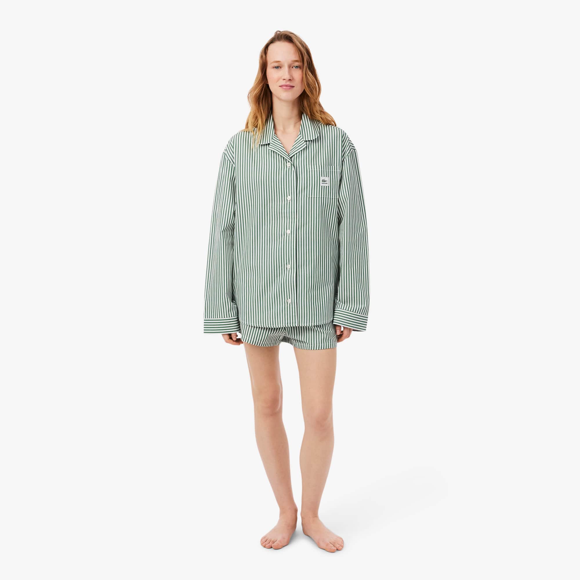 Oversized Striped Poplin Pajama Set - Green / White