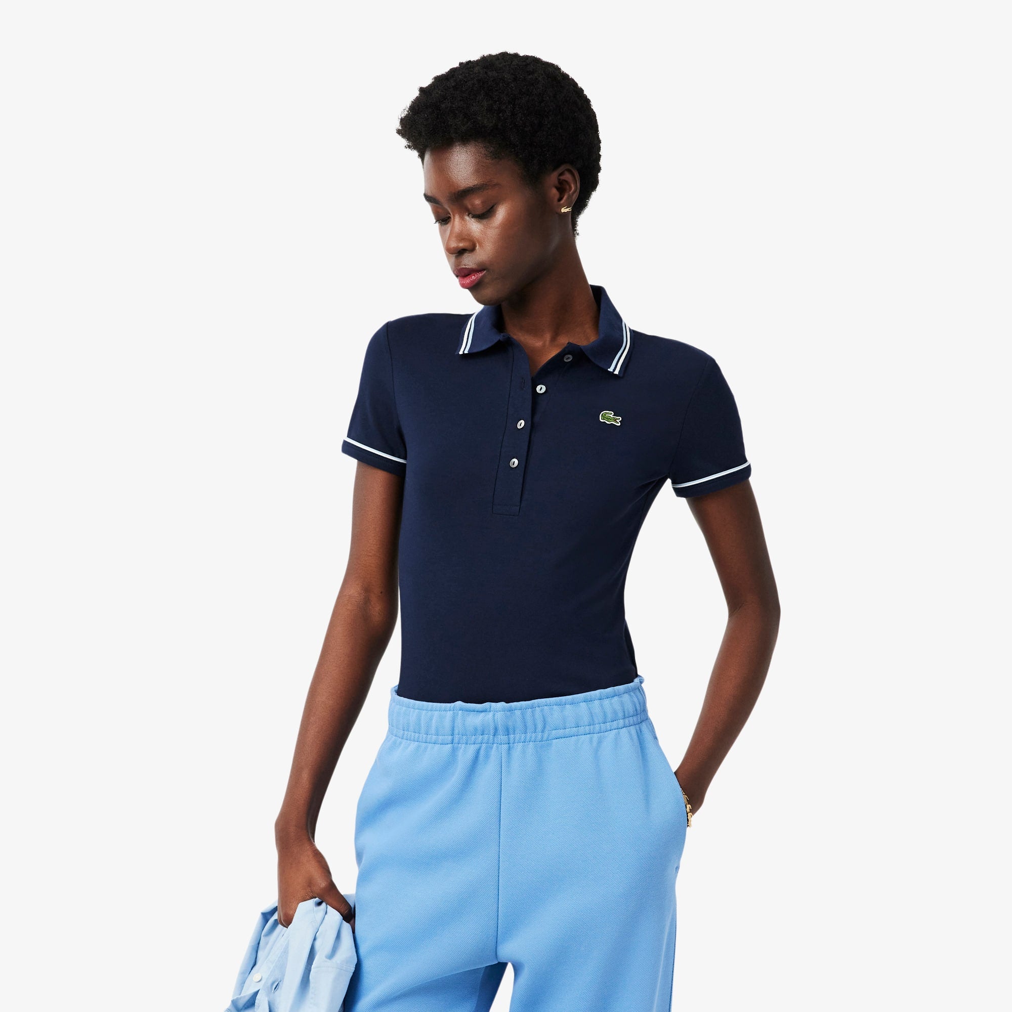 Women's L.12.D Slim Fit Trim Detail Polo - Bleu Marine / Bleu Clair / Blanc