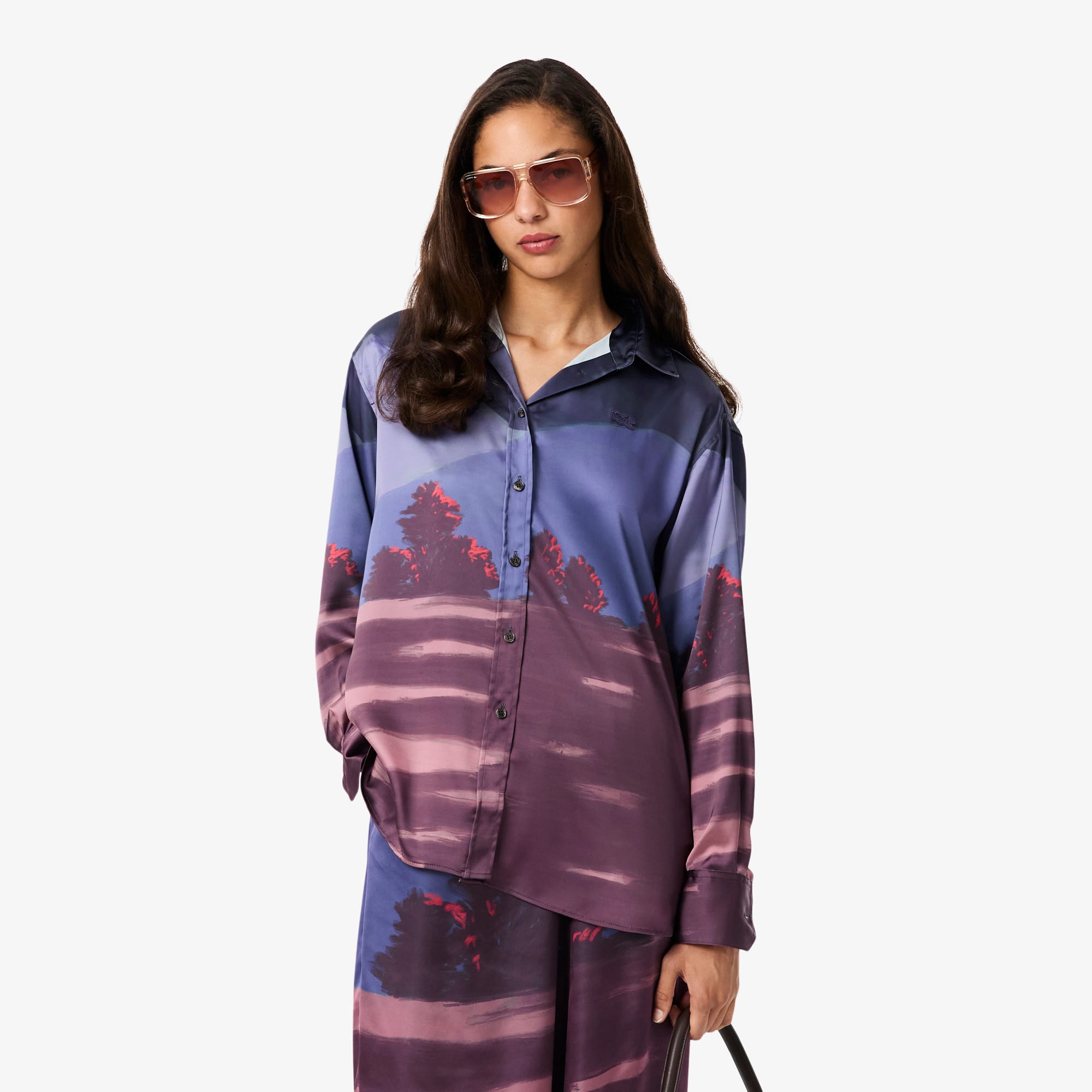 Women's Oversized Landscape Print Satin Shirt - Blue / Brown / Purple / Light Pink