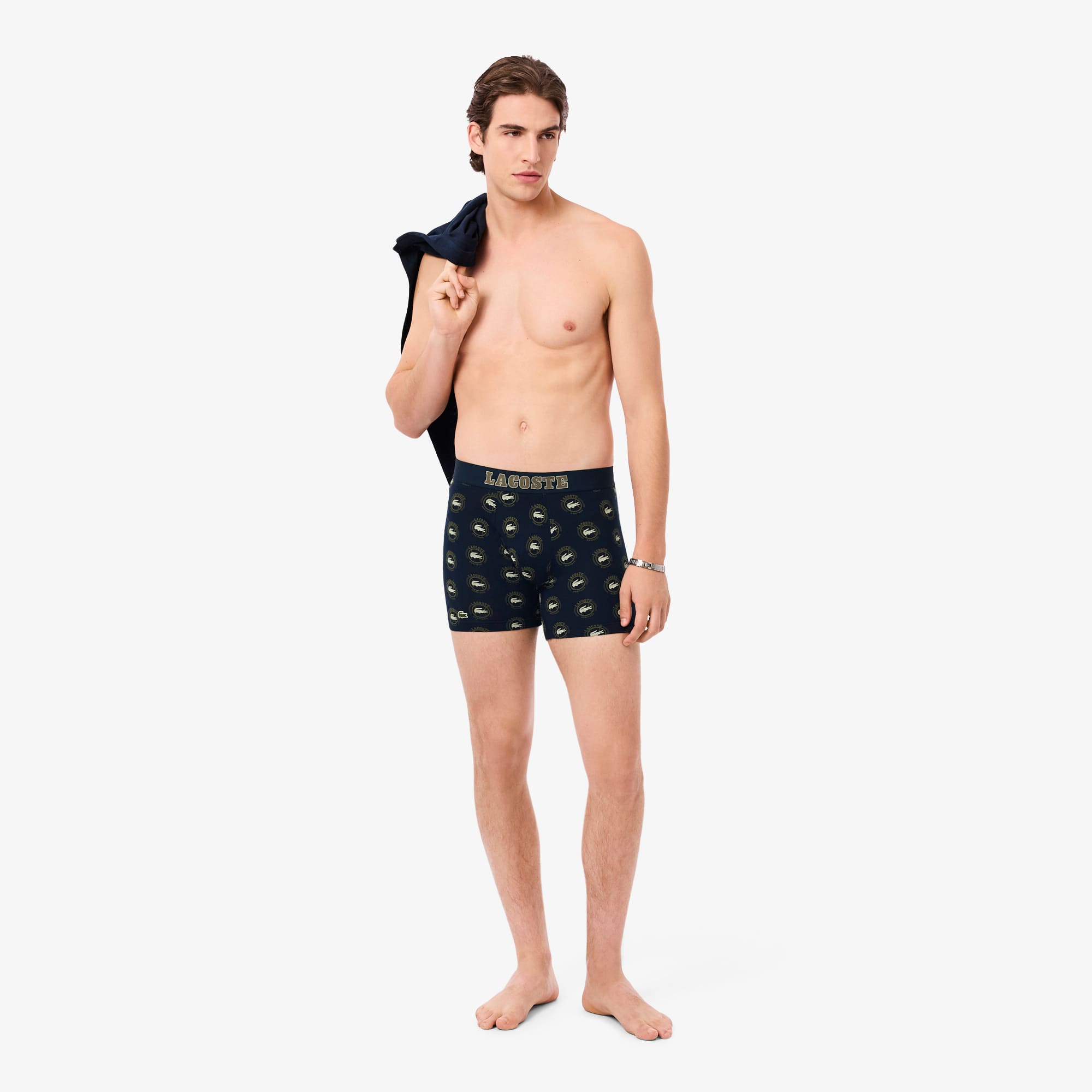Men's Printed Stretch Cotton Boxer Briefs - Bleu Marine / Vert Kaki / Blanc