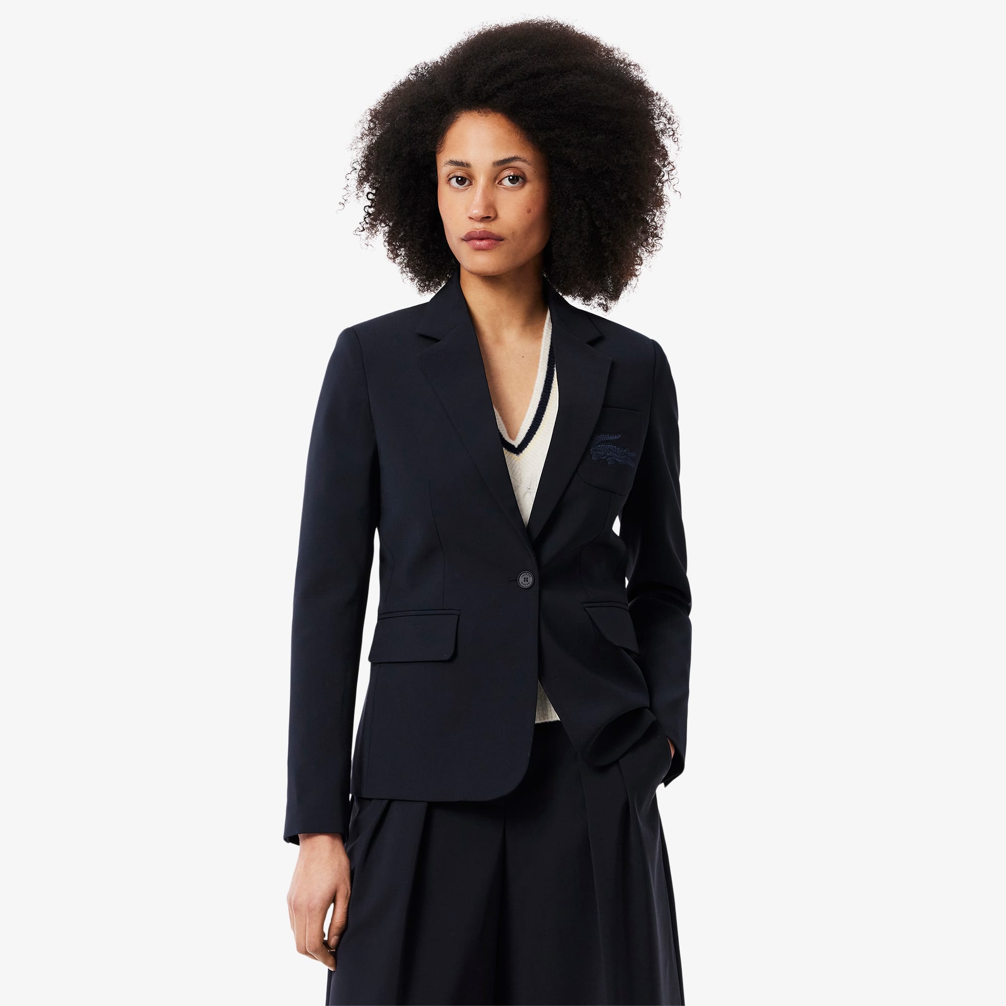 Women's Embroidered Logo Slim Fit Wool Blazer - Abysm blue