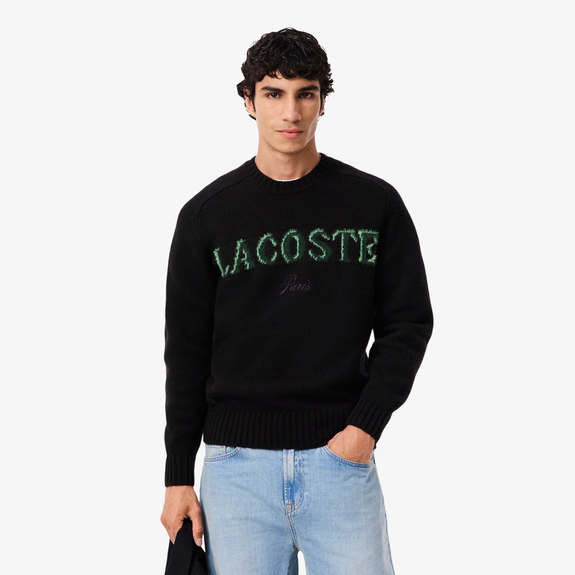 Men's Intarsia Branded Wool Sweater - Black / Green