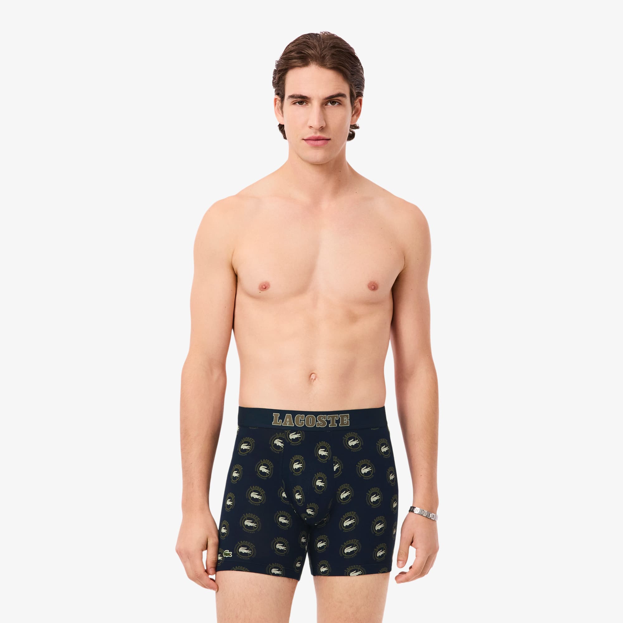 Men's Printed Stretch Cotton Boxer Briefs - Bleu Marine / Vert Kaki / Blanc