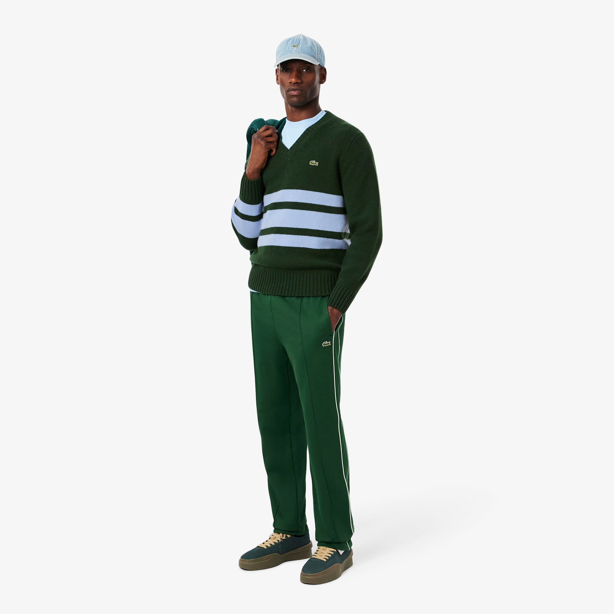 Men's Striped Wool V-Neck Sweater - Vert / Bleu