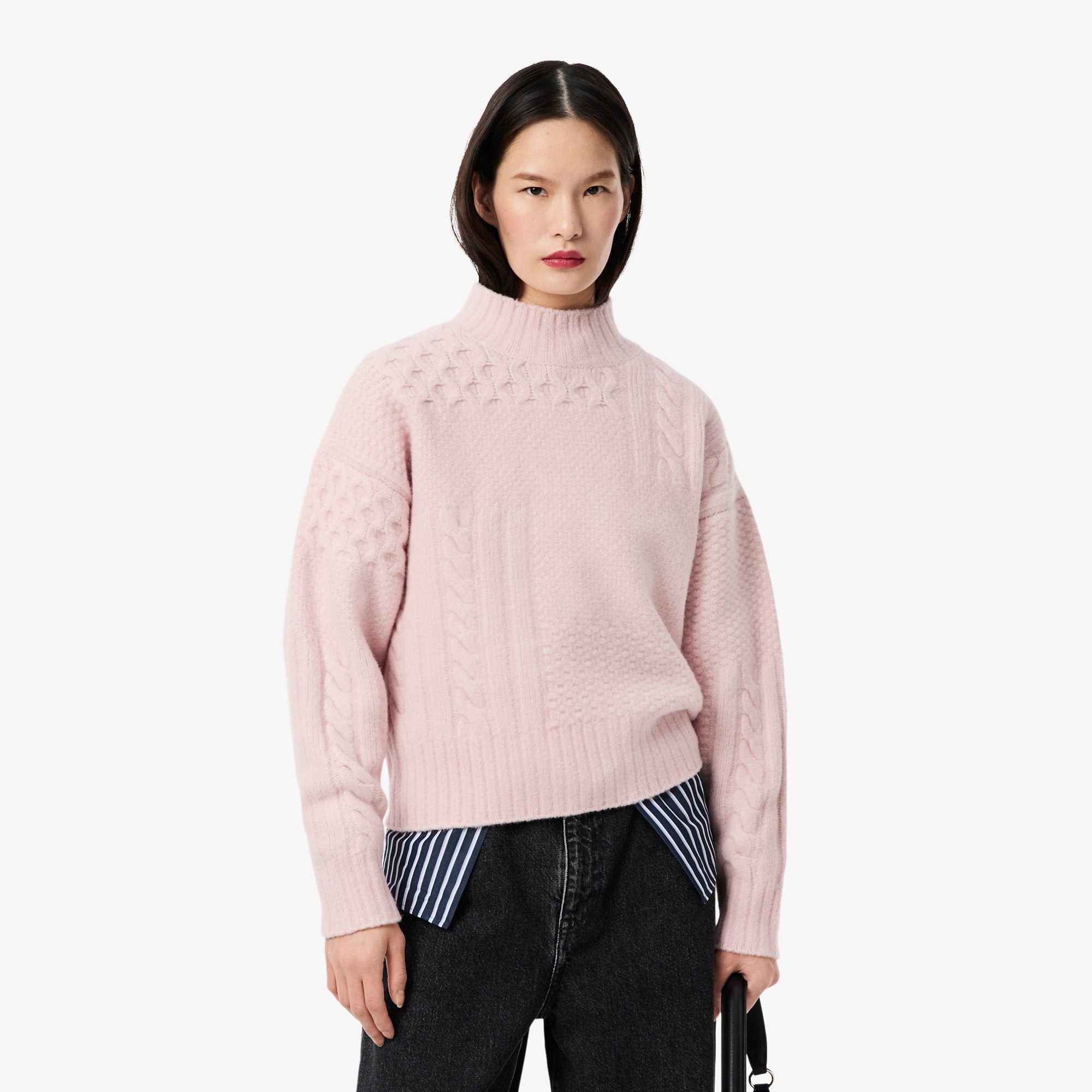 Women's Patchwork Effect High-Neck Wool Sweater - Light Pink