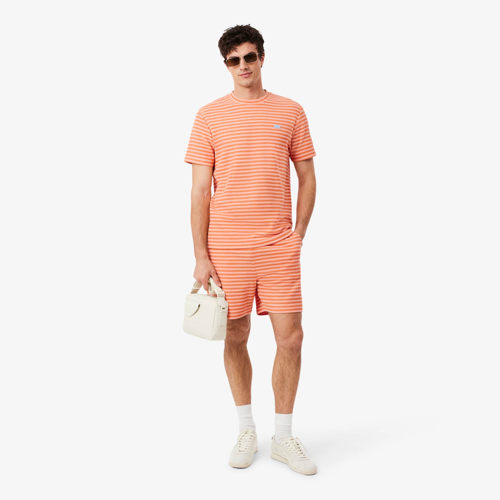 Textured Striped Cotton T-Shirt - Rose / Orange