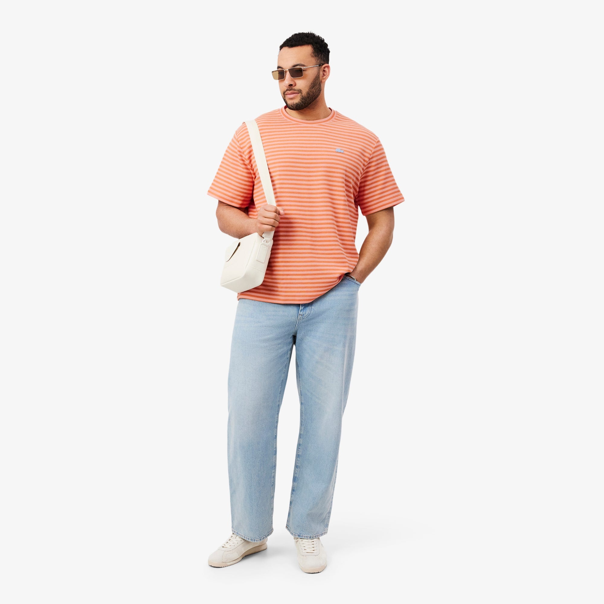Textured Striped Cotton T-Shirt - Rose / Orange