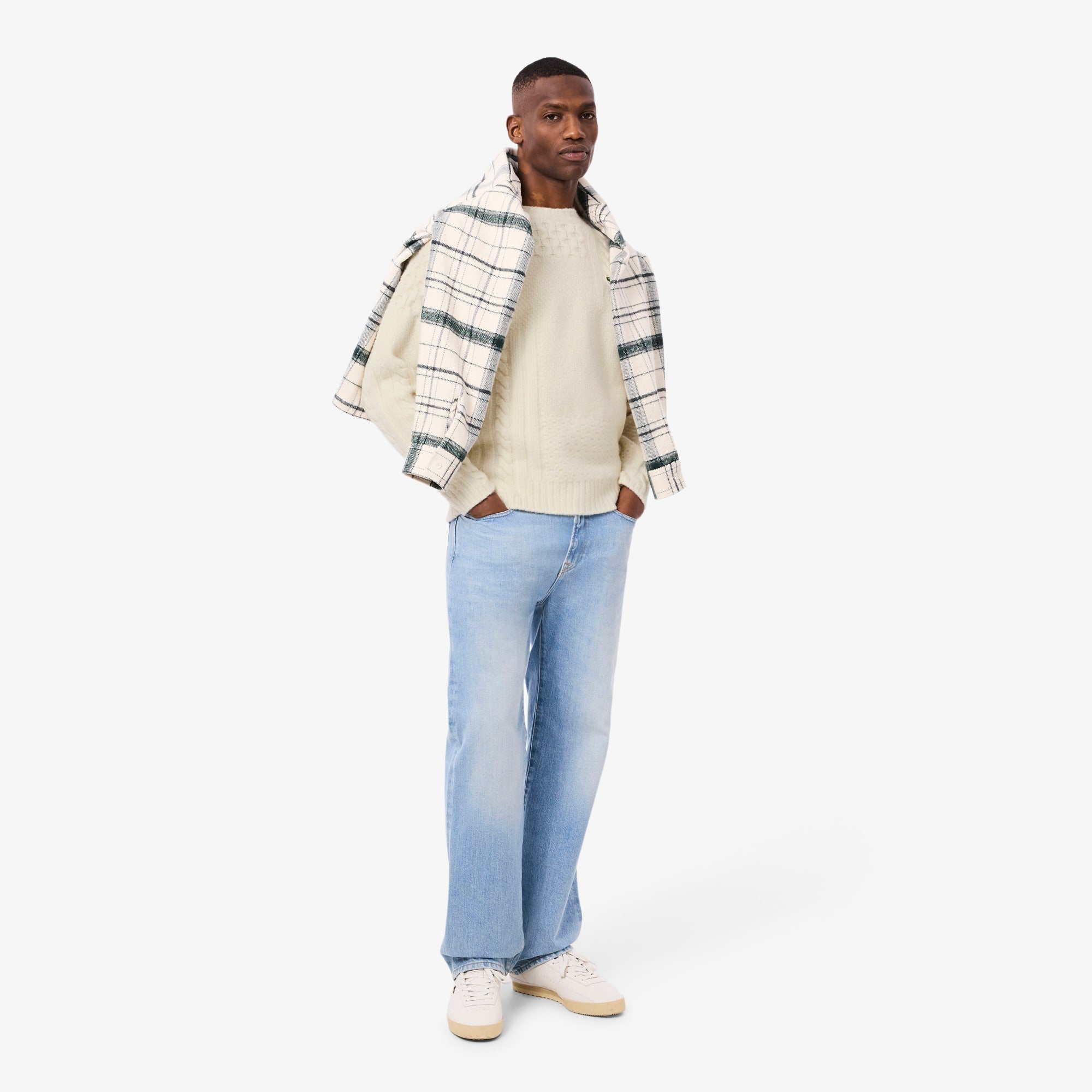 Men's Relaxed Fit Patchwork Effect Wool Sweater - Cream