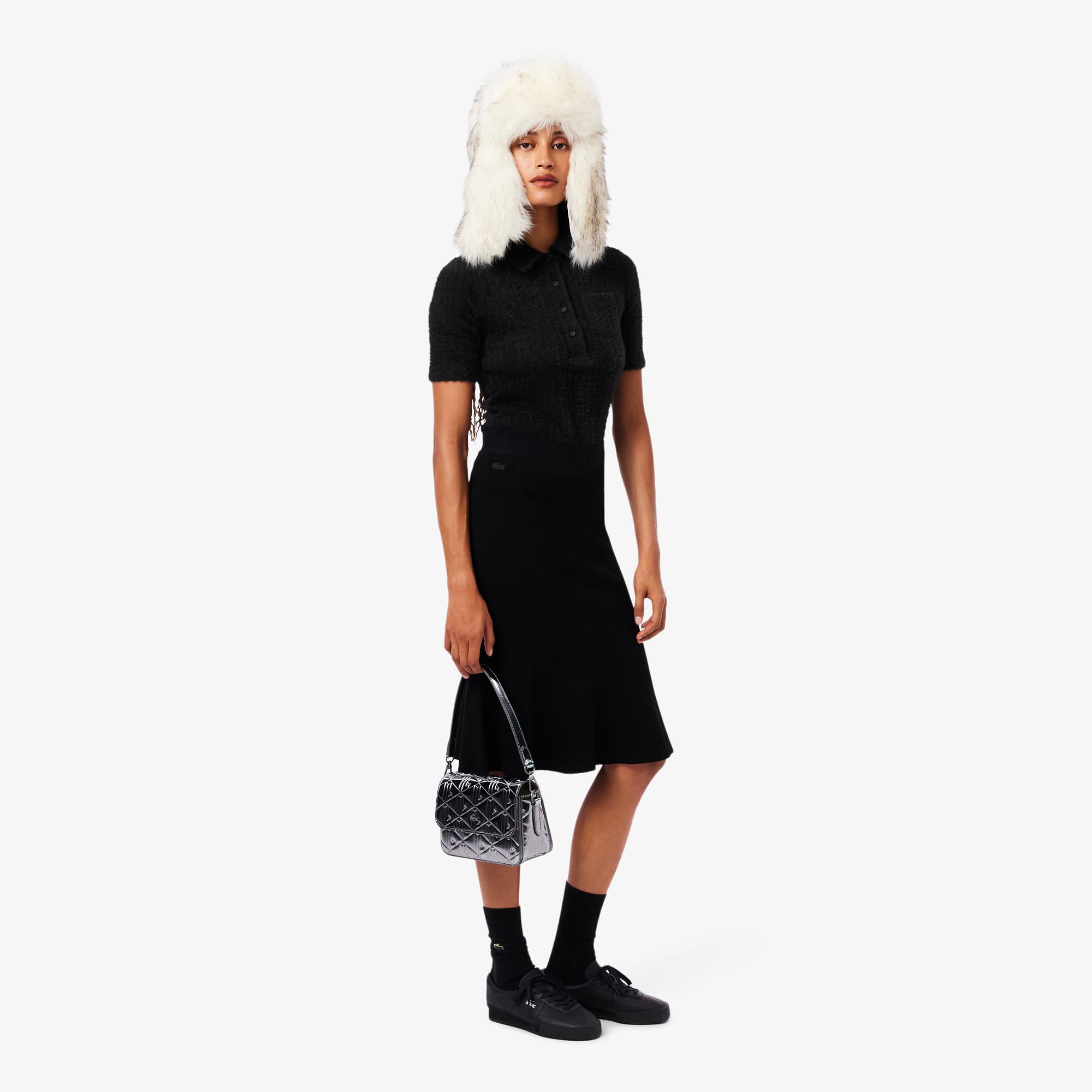 Women's Slim Fit Fuzzy Rib Knit Polo - Black