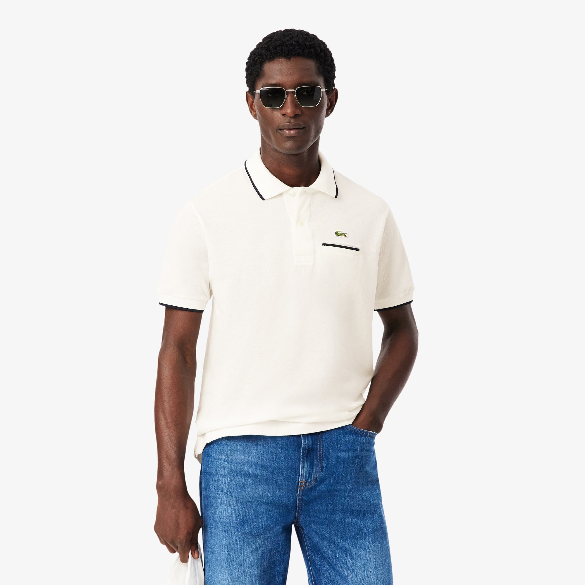 Men's Classic Fit Pocket Accent L.12.12 Polo - White / Navy Blue